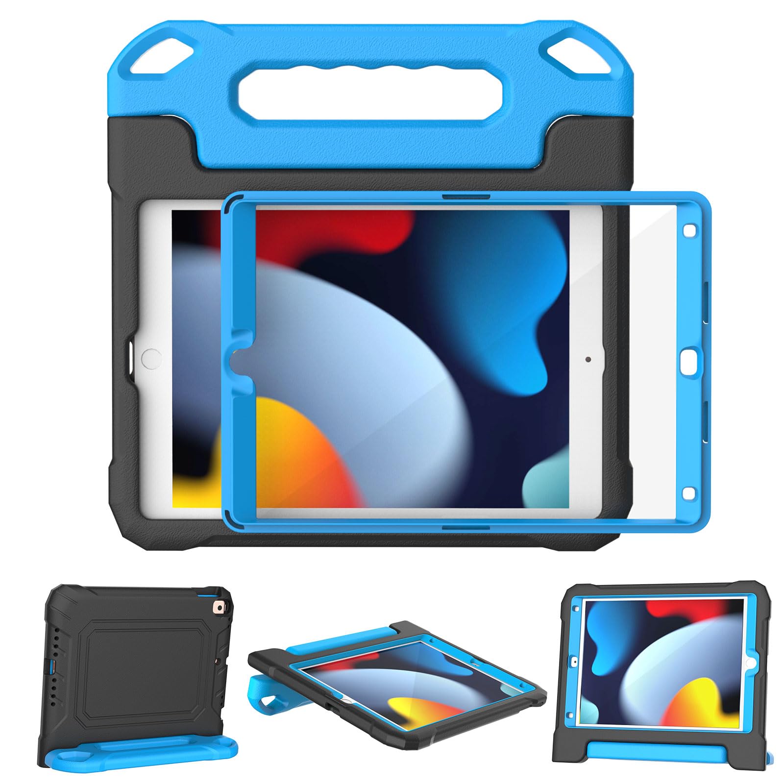 YIHE Shockproof Kids iPad Case for iPad 10.2 Inch 9th/8th/7th Gen (2021/2020/2019), iPad Pro 10.5 & iPad Air 3 - Durable Handle Stand Cover with Screen Protector (Black & Blue) | Perfect for School, Travel & Home Learning