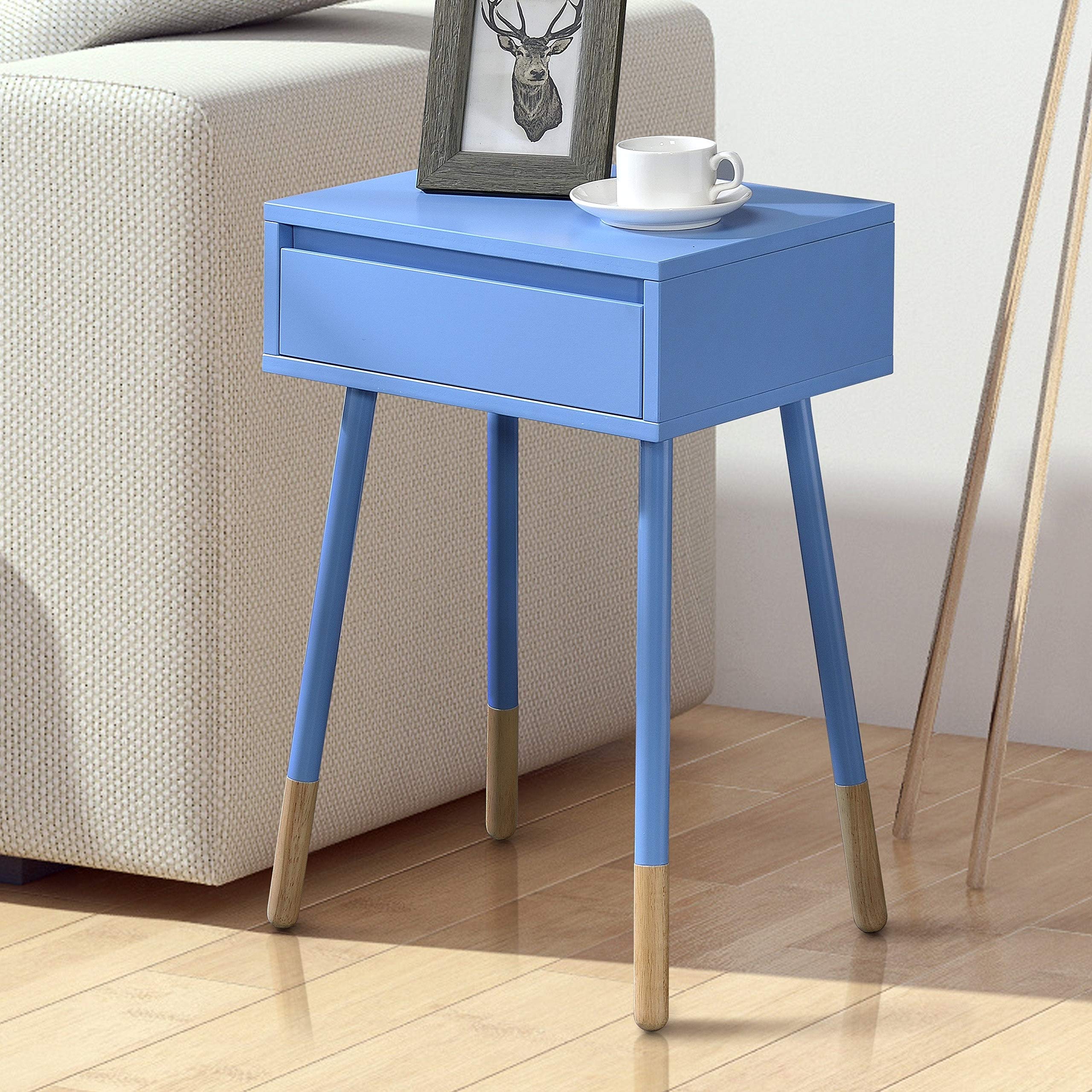 Furniture of America Raza Mid-Century Modern 1-Drawer Side Table in Blue - Stylish Accent Table for Living Room, Bedroom or Office