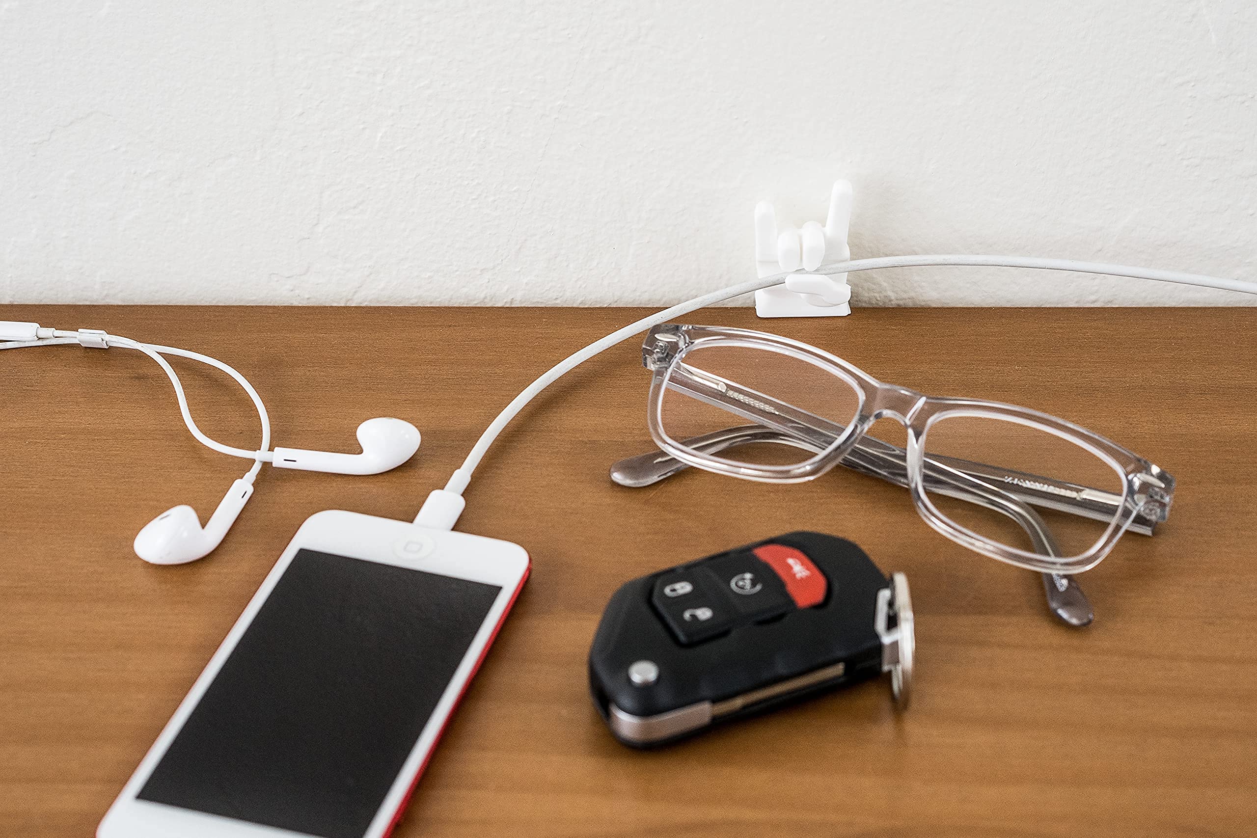 4 Pack Rock and Roll Cable Clips - White Cord Organizer for Desk & Car | Wire Management for Office Computer & Electrical Cables | Perfect for Home, Office, and Vehicle Organization (Rock On Hands Design)
