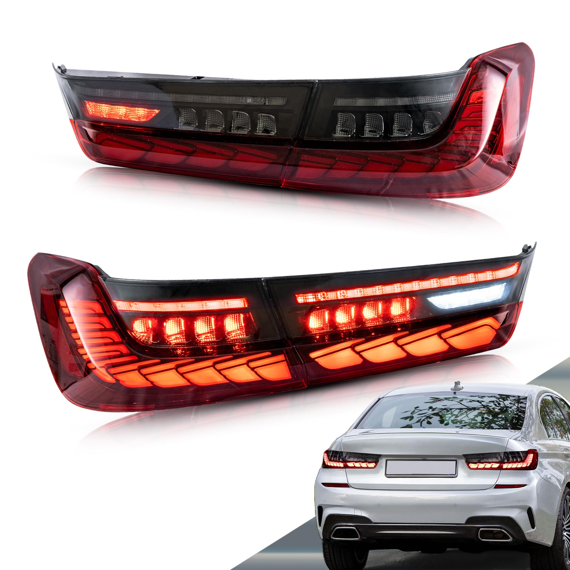 VLAND LED Tail Lights for 2019-2024 BMW 3 Series G20 Sedan - Red Sequential Turn Signals with 3D Animation - Driver & Passenger Side - Perfect for Night Driving & Car Customization