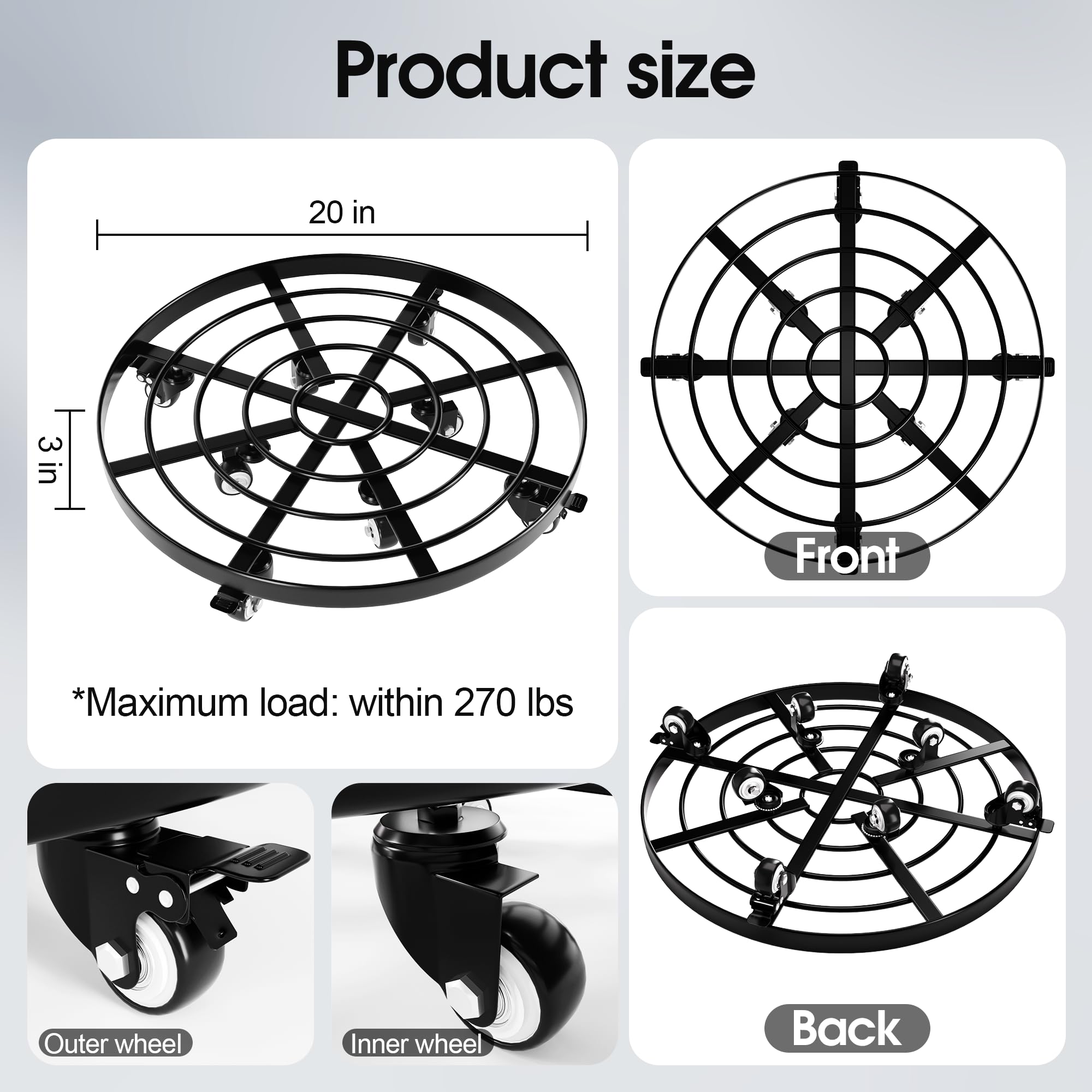 Highpro 2-Pack 20-Inch Heavy Duty Rolling Plant Stand with Lockable Wheels - Indoor/Outdoor Plant Caddy Dolly for Large Flower Pots | Perfect for Moving Potted Plants on Patios, Decks & Gardens
