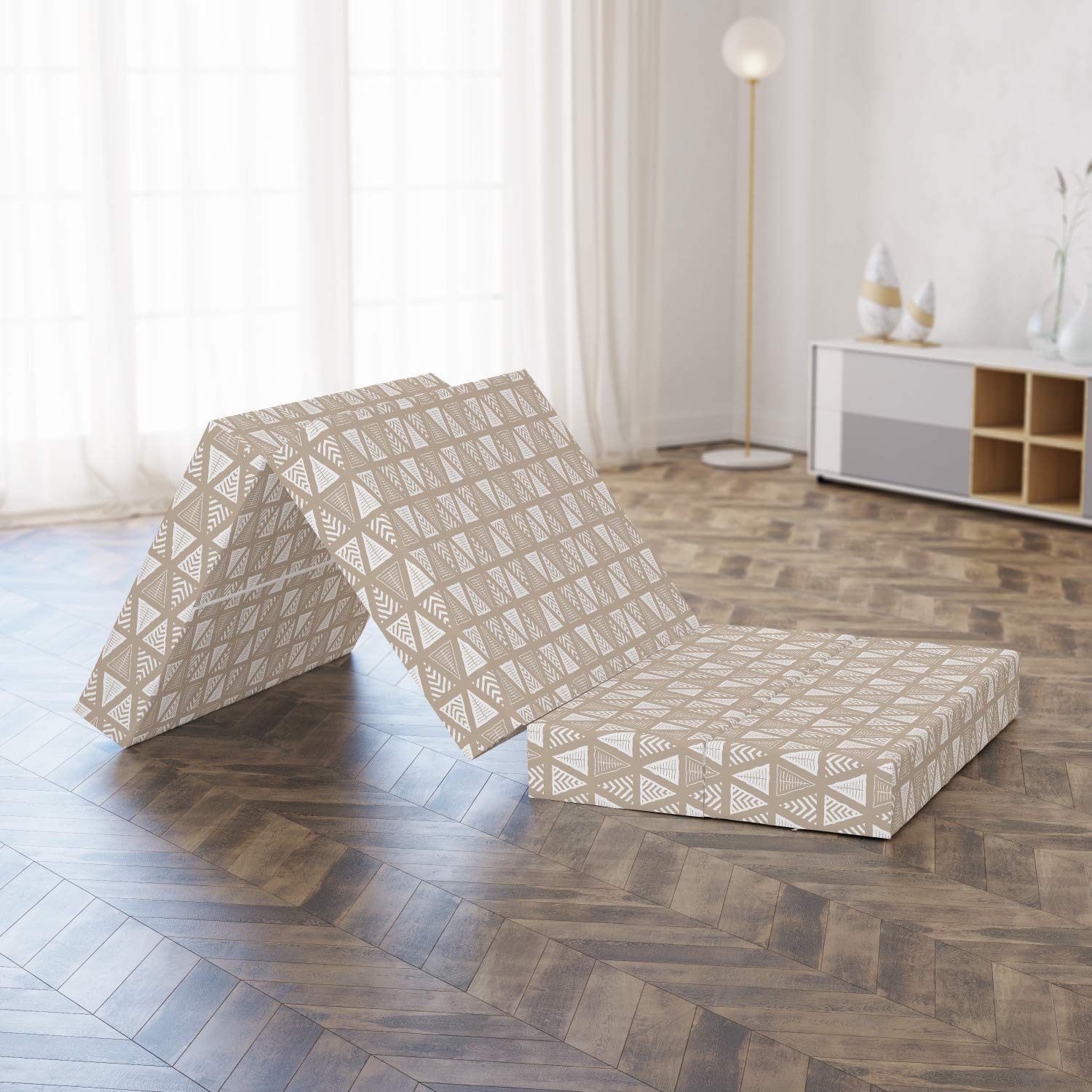 Ambesonne Geometric Foldable Mattress - Abstract Neutral Triangle Design, 74.8