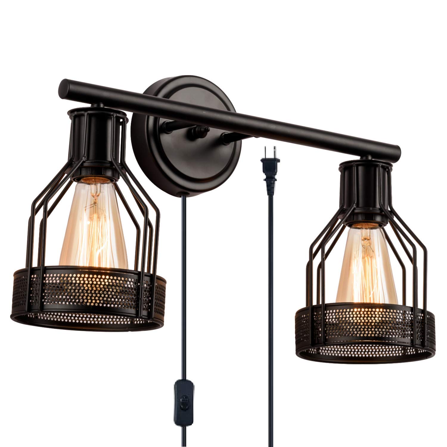 Vintage Industrial Bathroom Vanity Light - 2-Light Retro Cage Wall Sconce with Cord, Metal Shade for Mirror & Dressing Table - Black Wall Fixture for Home, Hotel, Salon (Bulbs Not Included) | Perfect for Bathroom, Bedroom, Makeup Area & Vintage Decor
