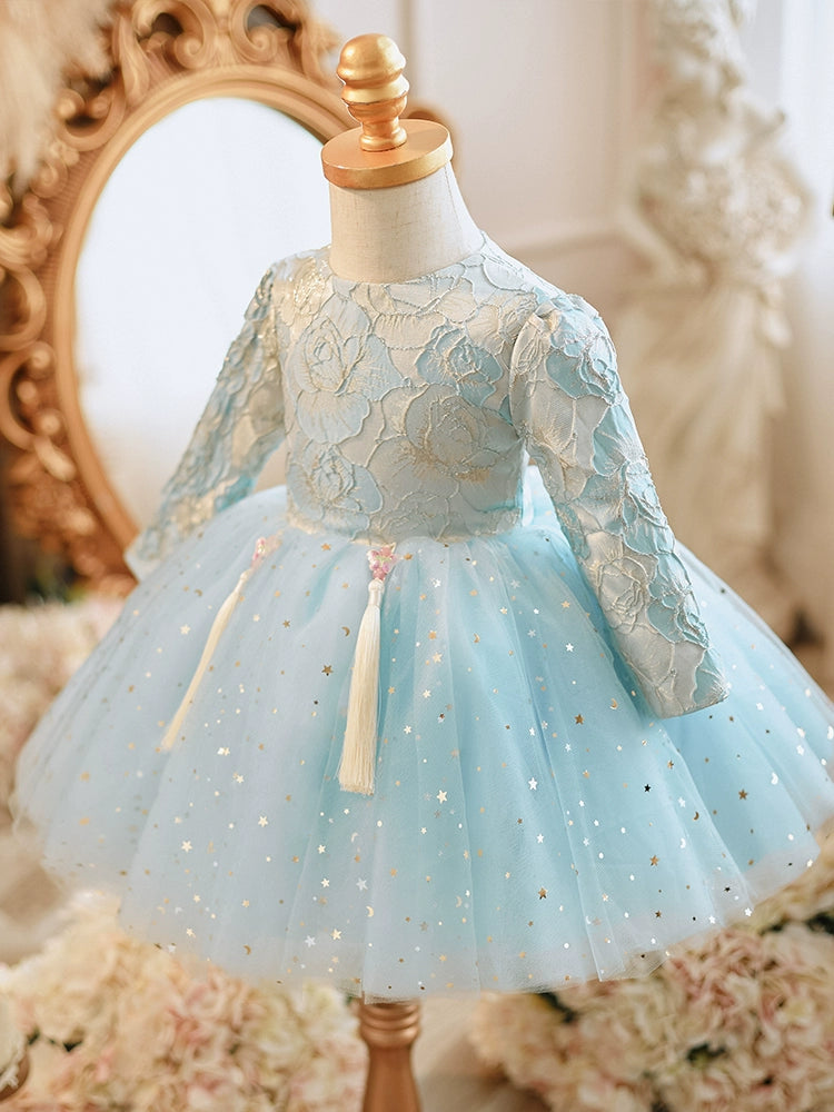 Blue Princess Round Tea Length Lace Flower Girl Dress for Weddings, Baptisms & Special Occasions