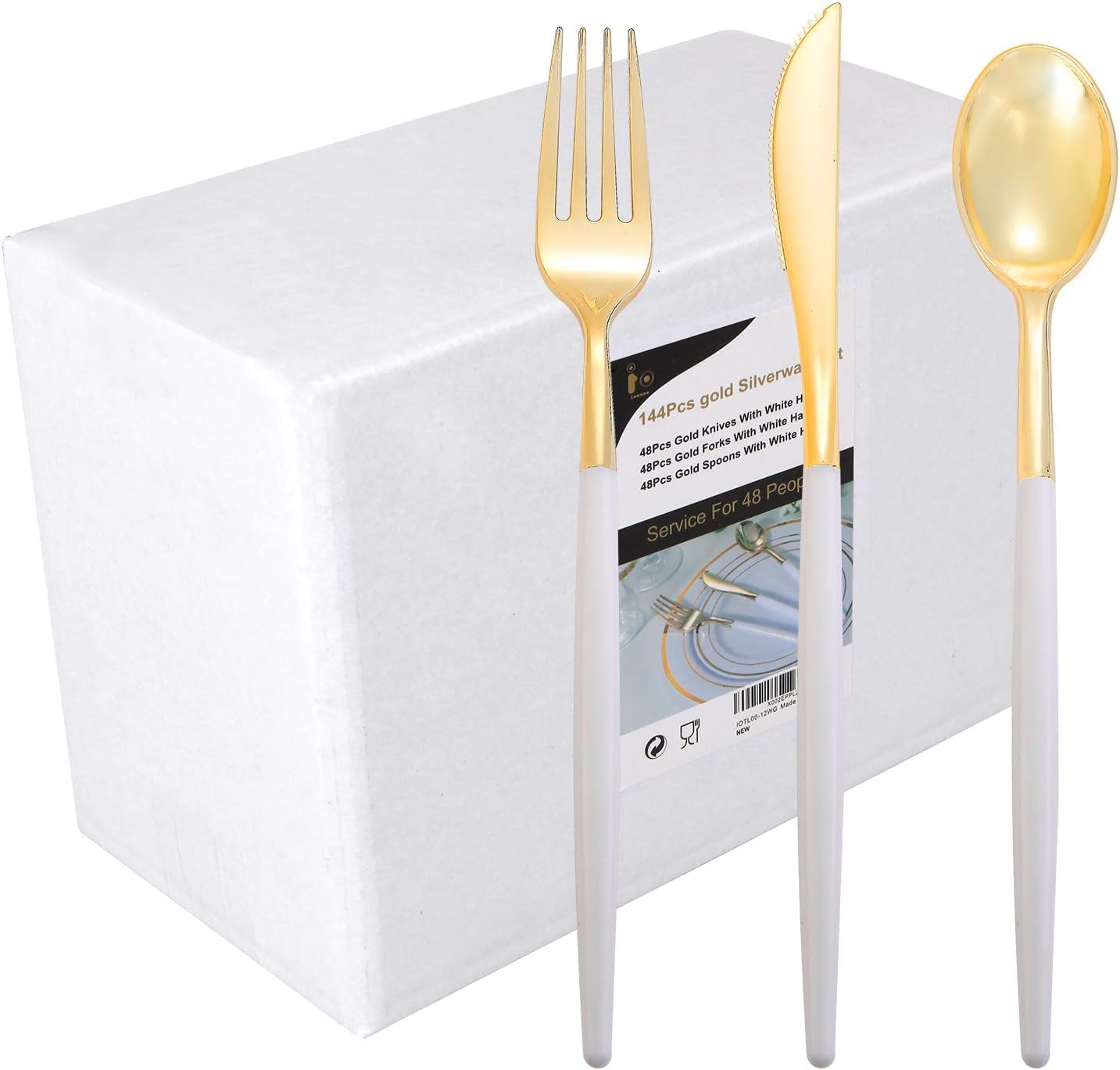 144Pcs Gold Plastic Silverware Set - Heavy Duty Disposable Utensils for Party & Wedding (48 Forks, 48 Knives, 48 Spoons) - Elegant Tableware for Catering, Picnics, and Special Events
