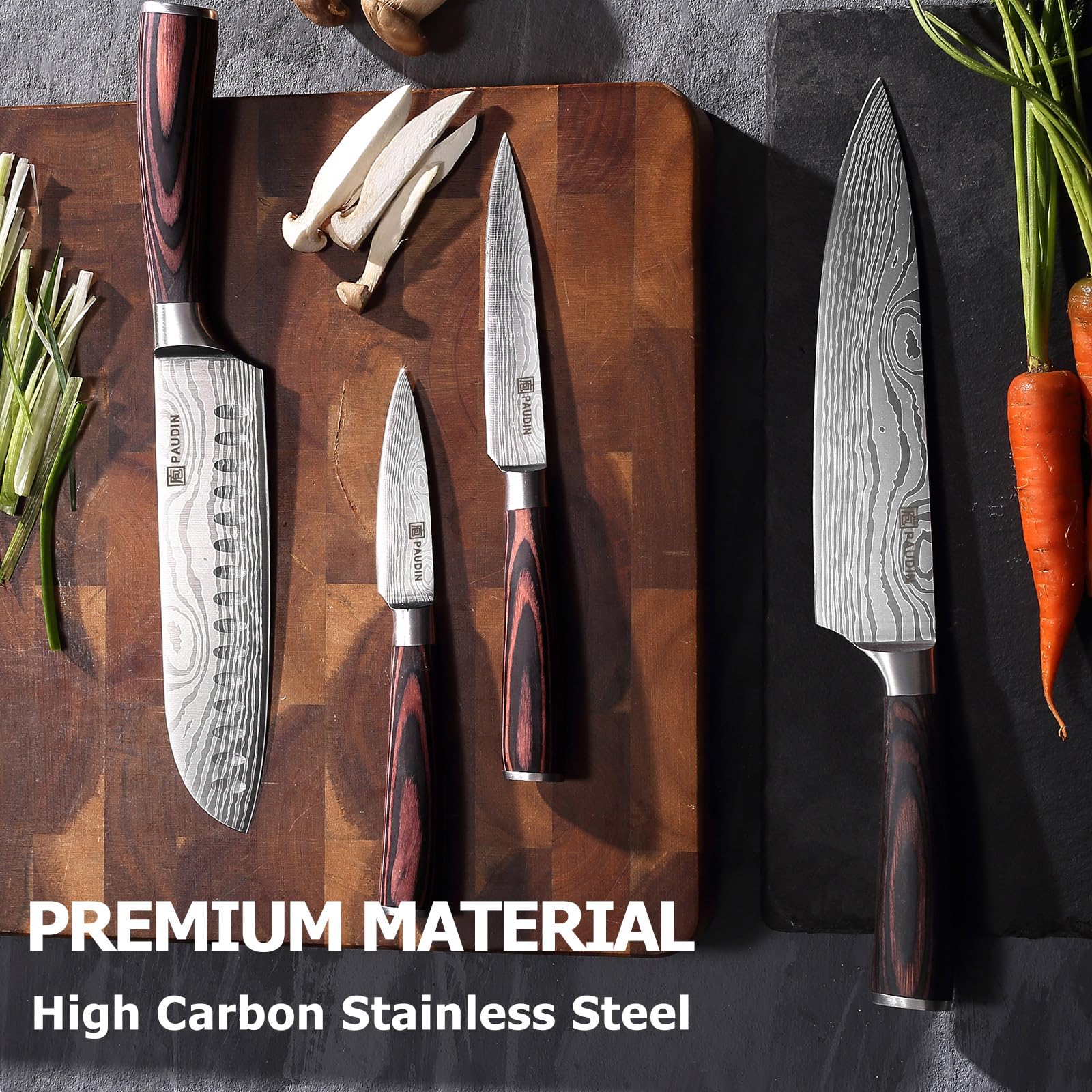 PAUDIN 7-Piece Professional Chef Knife Set - High Carbon Stainless Steel Ultra Sharp Kitchen Knives with Pakkawood Handle - Perfect for Home Cooking, Restaurant Use & Food Preparation