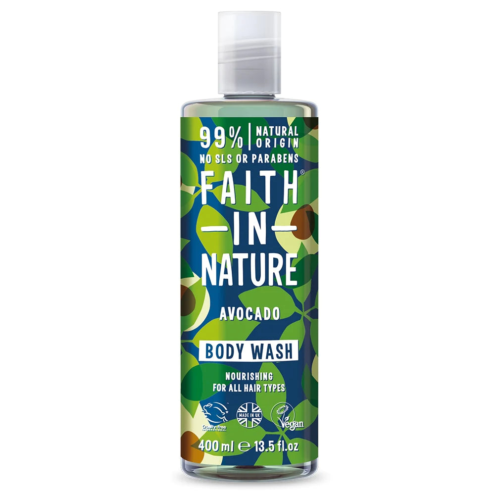 Faith in Nature Avocado Body Wash 400ml - Organic & Vegan Body Cleanser for Dry Skin - Hydrating Shower Gel for Daily Use at Home or Gym