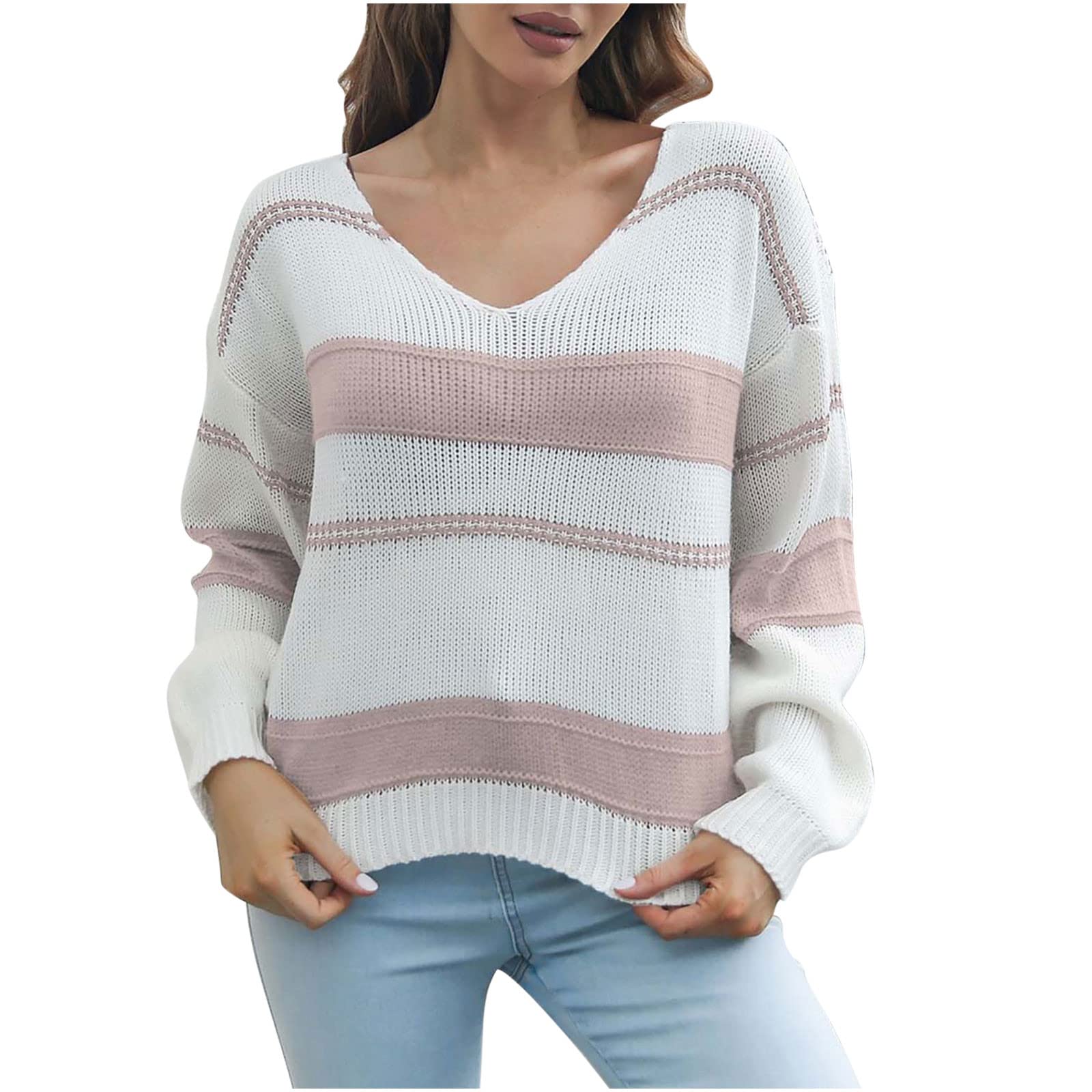 Women's Striped Waffle Knit Pullover Sweater - Casual Loose Fit Crewneck Long Sleeve Knitwear Top for Fall & Winter | Cozy Office Wear, Weekend Outfits, Layering Essential