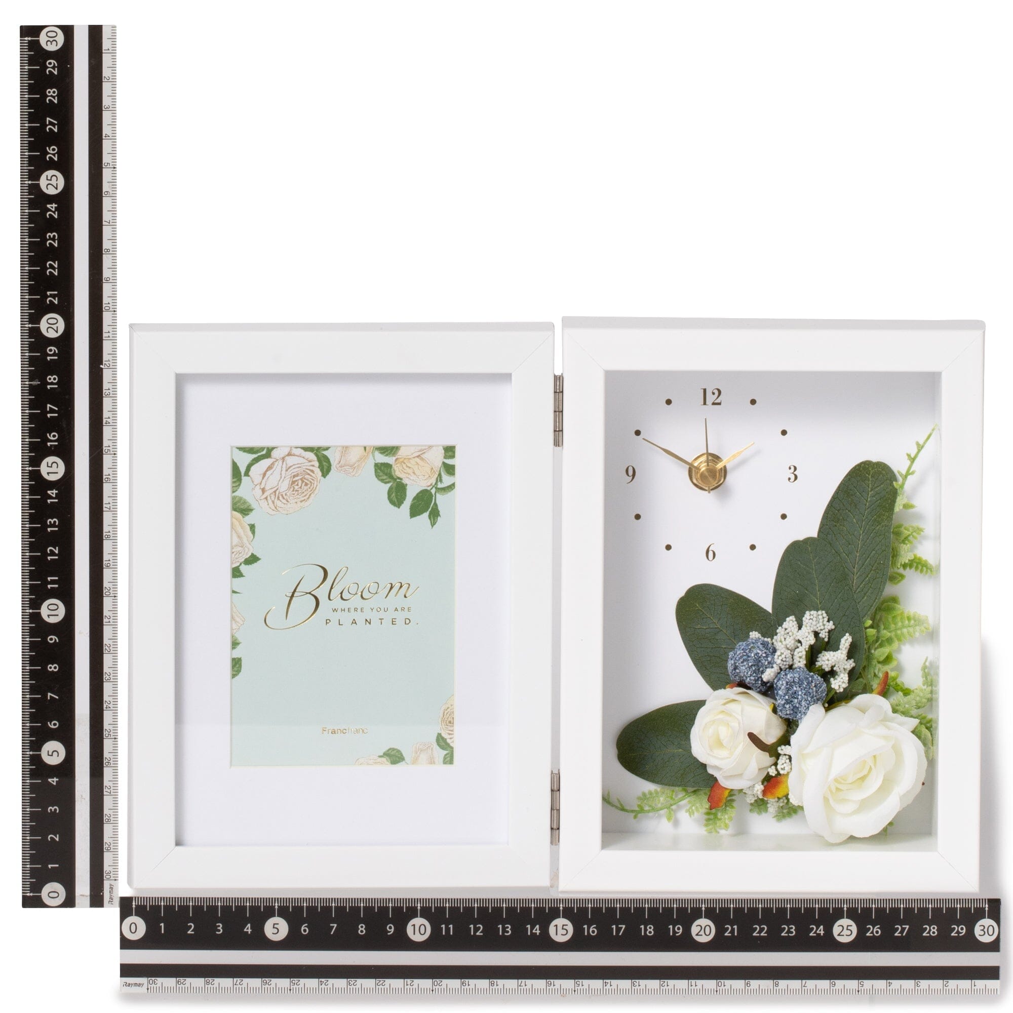 White Floral Photo Frame with Built-in Clock - Perfect for Home Decor, Wall Art, and Gift Giving
