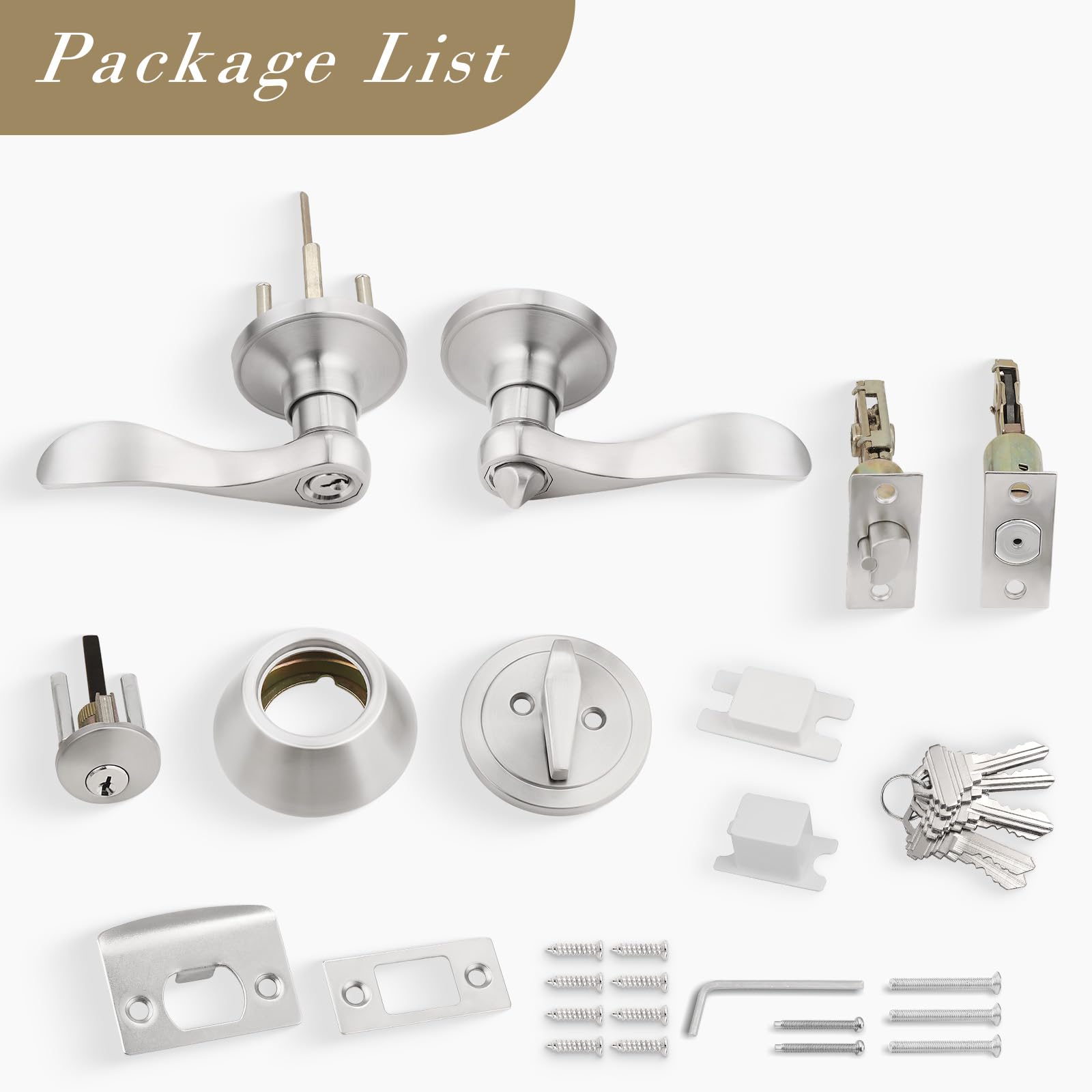 3 Pack Keyed Entry Door Lock Set - Keyed Alike Single Cylinder Deadbolt with Wave Style Handle, Satin Nickel Finish, Reversible Leverset for Home Security | Perfect for Bedroom, Front Door, Office & Apartment Use