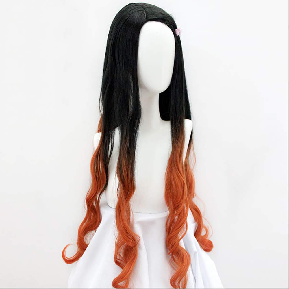 Long Black Ombre Orange Curly Synthetic Cosplay Wig for Women - Kamado Nezuko Anime Style Wig | Perfect for Halloween, Cosplay Events & Anime Conventions