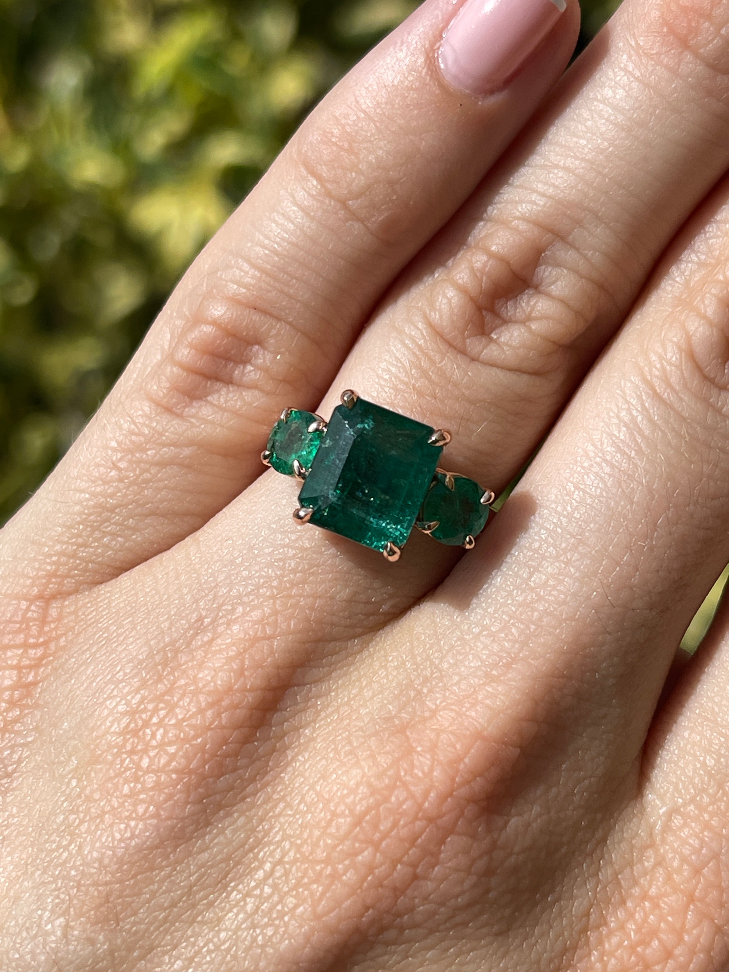 6.90tcw Natural Emerald Gemstone - Emerald Cut & Round Cut Three Stone 14K Rose Gold Engagement Ring for Women | Elegant Wedding, Anniversary & Proposal Jewelry Gift