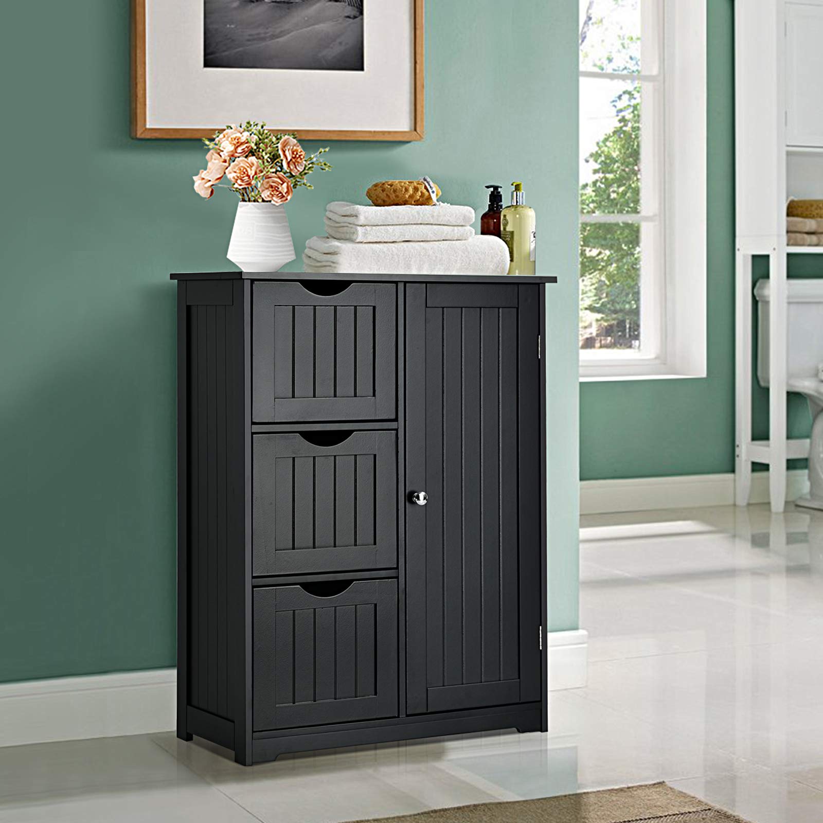 Giantex Wooden Bathroom Storage Cabinet with 1 Door & 3 Drawers - Freestanding Floor Cabinet for Bathroom, Entryway, or Bedroom - Space Saving Organizer for Towels, Toiletries & Home Essentials