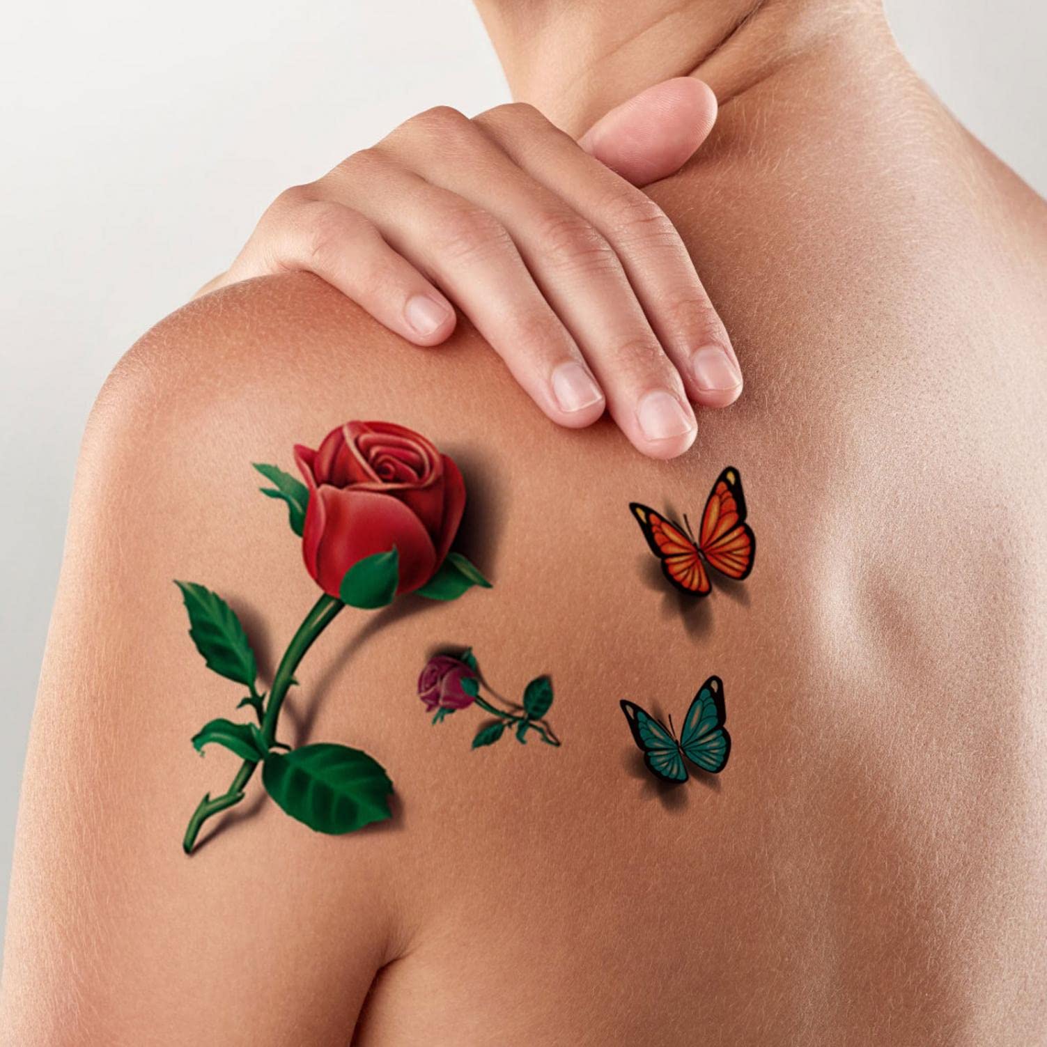 Beautiful Flowers Temporary Tattoos - Rose & Butterfly Waterproof Body Art Stickers for Women, Girls, Kids | Vibrant Multi-Color Fake Tattoos for Parties, Festivals & Summer Beach Looks (1 Sheet)