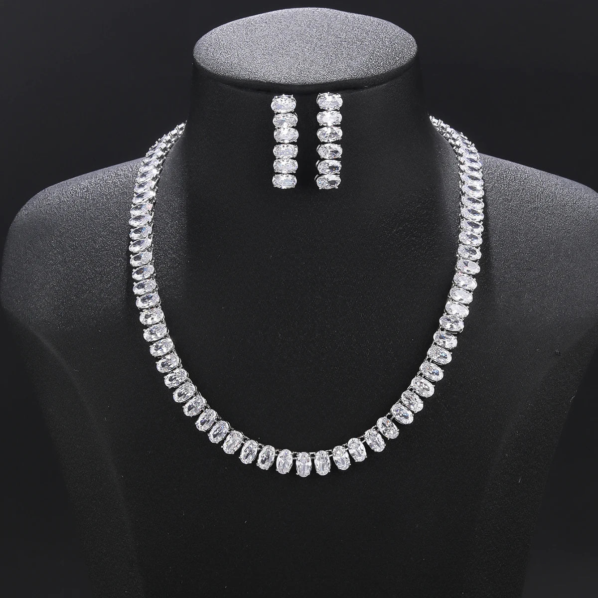 2 Piece Oval Zircon Crystal Bridal Jewelry Set for Women - Elegant Necklace & Earrings Wedding Accessories, Anniversary Gift, Party Jewelry for Bride, Bridesmaid, and Special Occasions