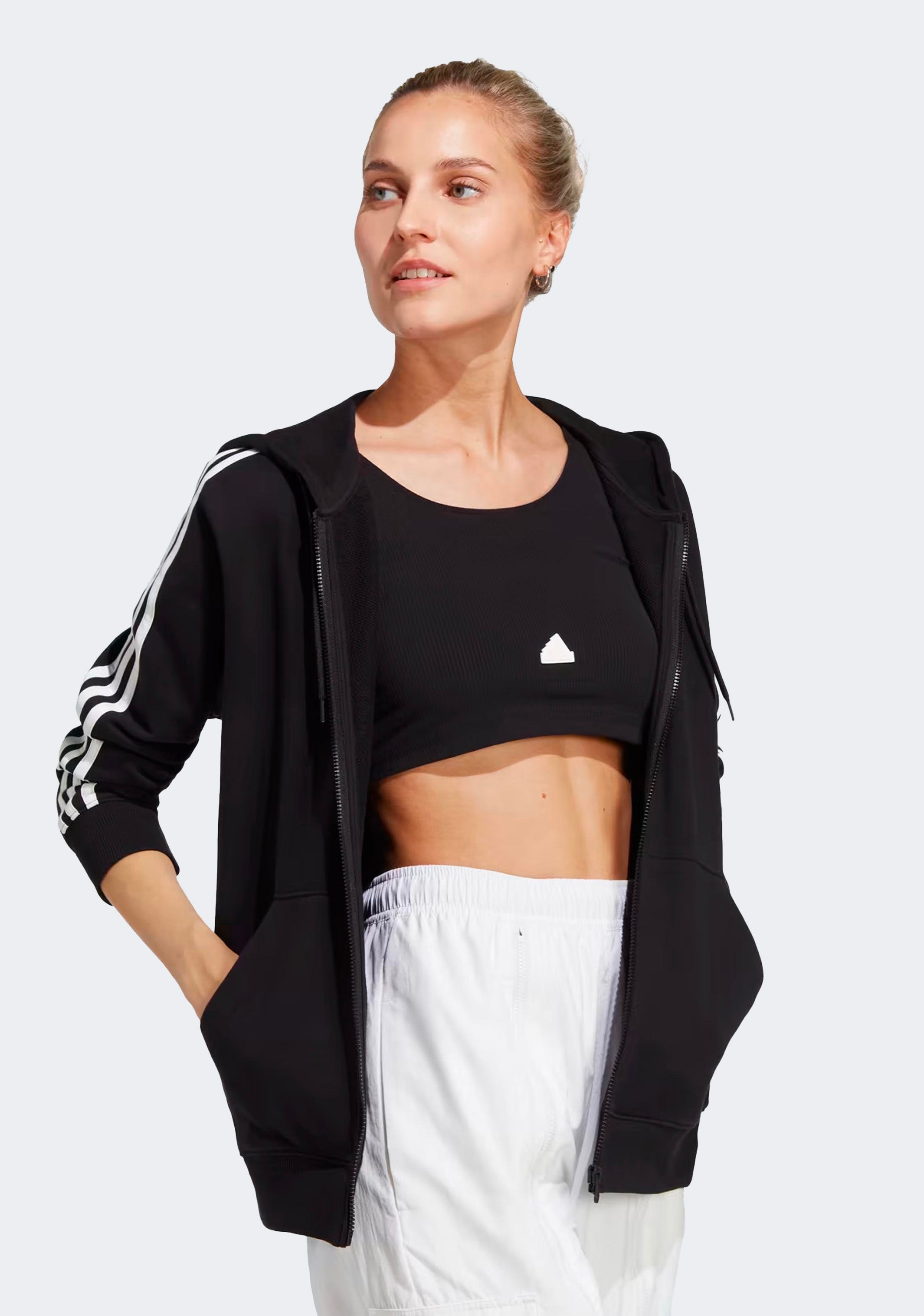 Adidas Women's Fleece 3 Stripes Full Zip Hoodie | Warm Winter Pullover Jacket with Front Pockets for Running, Gym & Casual Wear