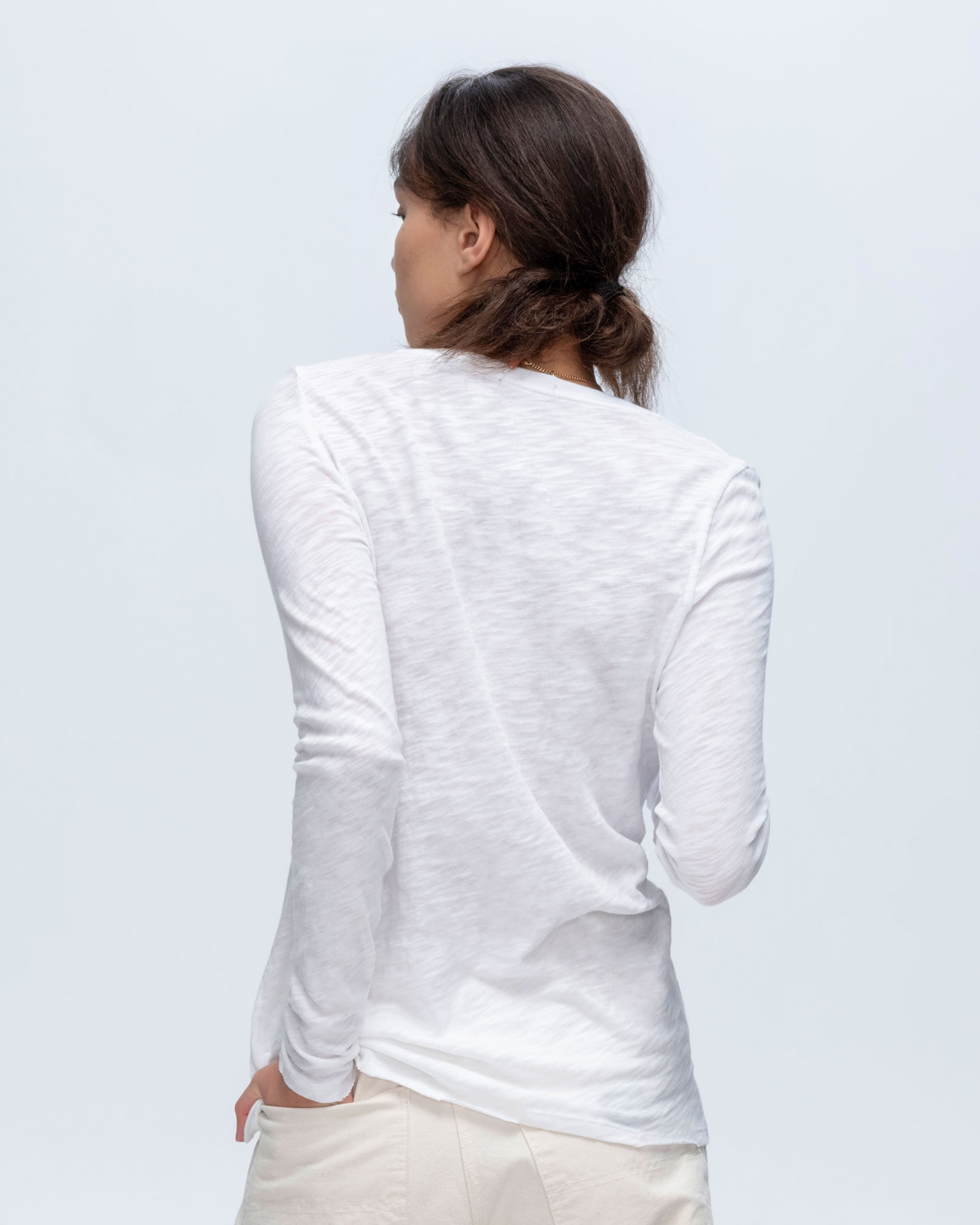 Slub Jersey Long Sleeve V Neck T-Shirt for Women - Soft Cotton White Tee - Casual Wear & Layering Essential