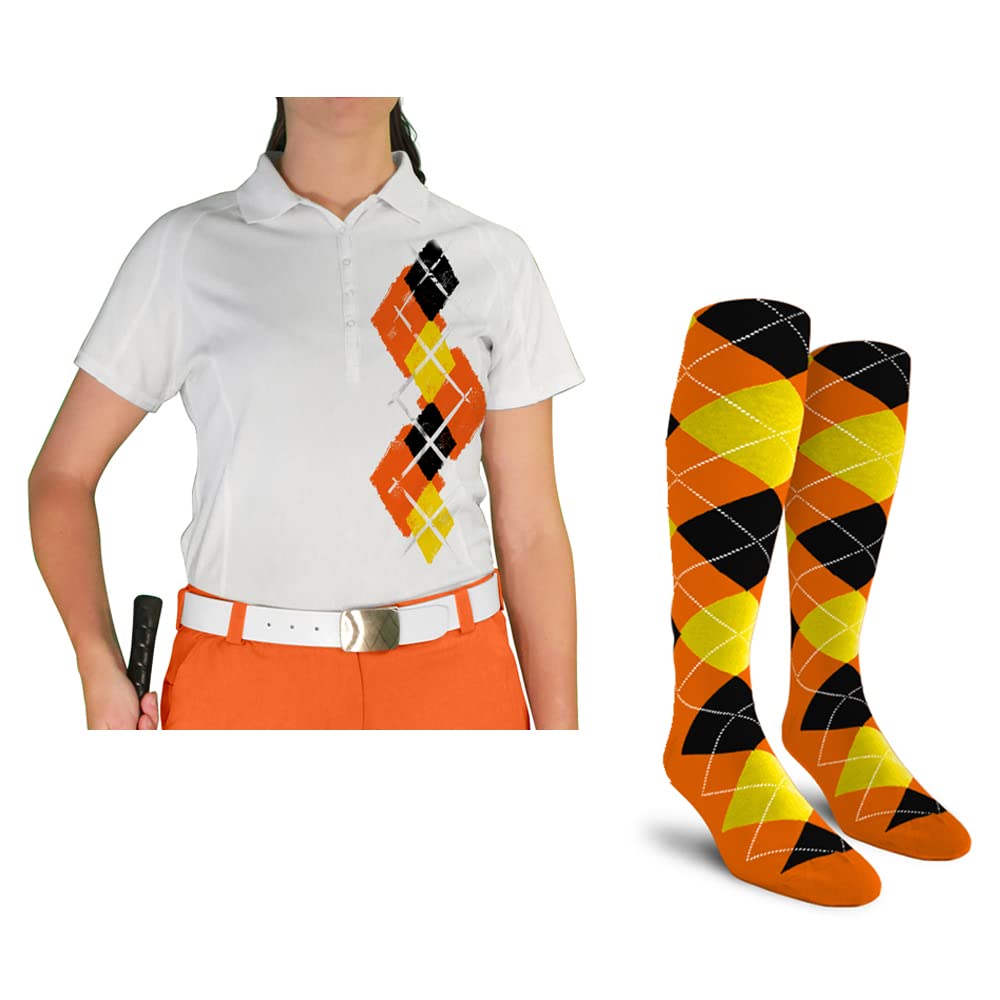 Breathable Dry Fit Short Sleeve Graphic Golf Polo Shirt with Matching Socks for Women - Argyle Paradise Design (Sizes 5A-5Z) | Perfect for Golf Outings, Tennis Matches & Summer Casual Wear