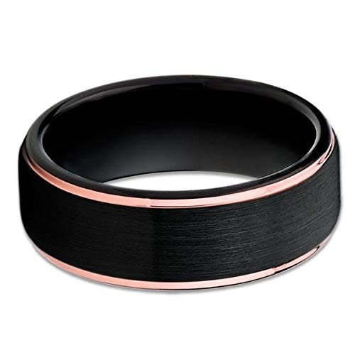 Rose Gold Tungsten Wedding Band for Men & Women - Black Tungsten Carbide Ring with 18k Rose Gold Accent - Comfort Fit Anniversary Ring for Couples - Perfect for Weddings, Engagements & Special Occasions