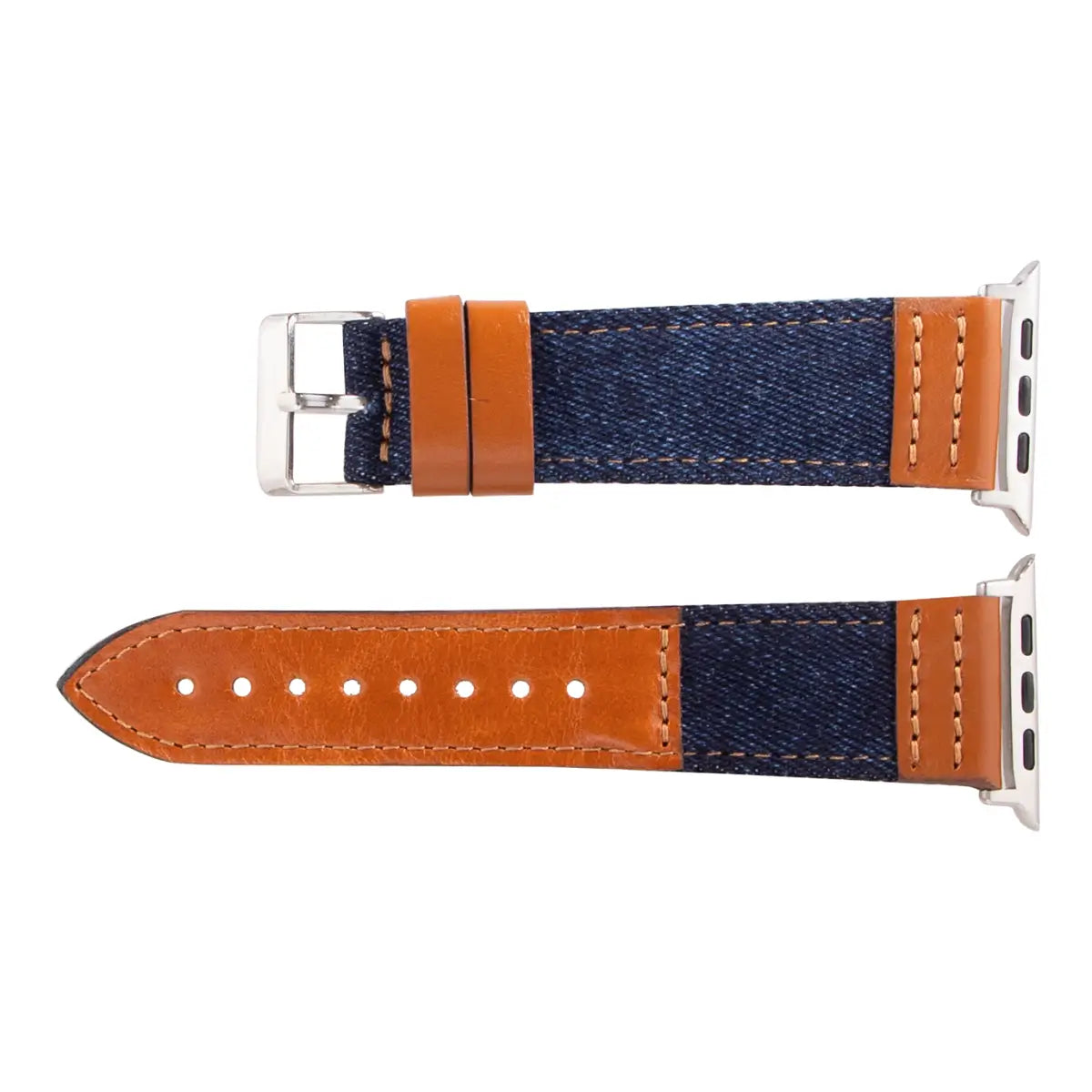 Premium Blue Denim & Genuine Brown Leather Apple Watch Band - Sporty & Stylish for Workouts, Outdoor Activities & Everyday Wear