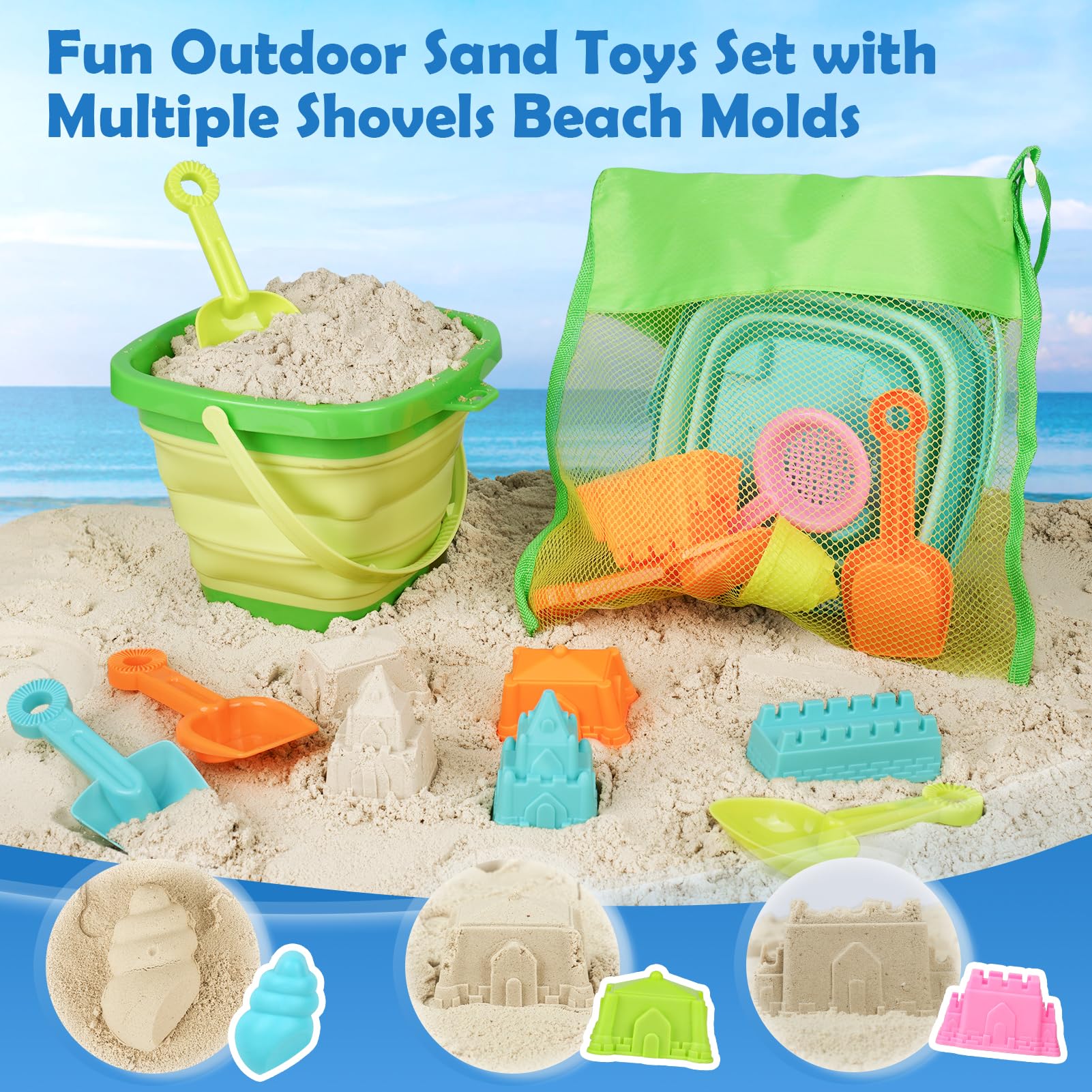 Dreamon Collapsible Beach Toys for Kids Ages 3-10 - 3 Pack Foldable Sand Buckets with Mesh Bag, 24 PCS Sand Molds & Shovels - Travel Friendly Sandbox Toys for Toddlers | Perfect for Beach Vacations, Backyard Play & Summer Outdoor Activities