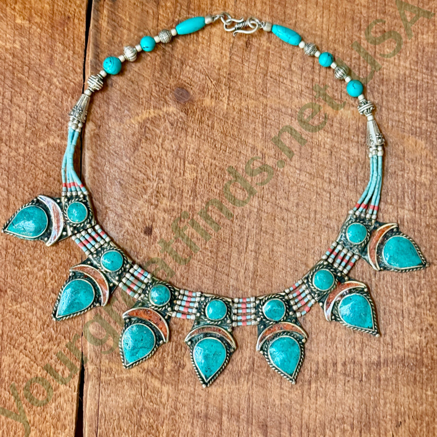 Handmade Tibetan Alpaca Silver Necklace with Turquoise & Coral Beads - Boho Chic Jewelry for Women, Perfect for Festivals, Weddings & Everyday Wear