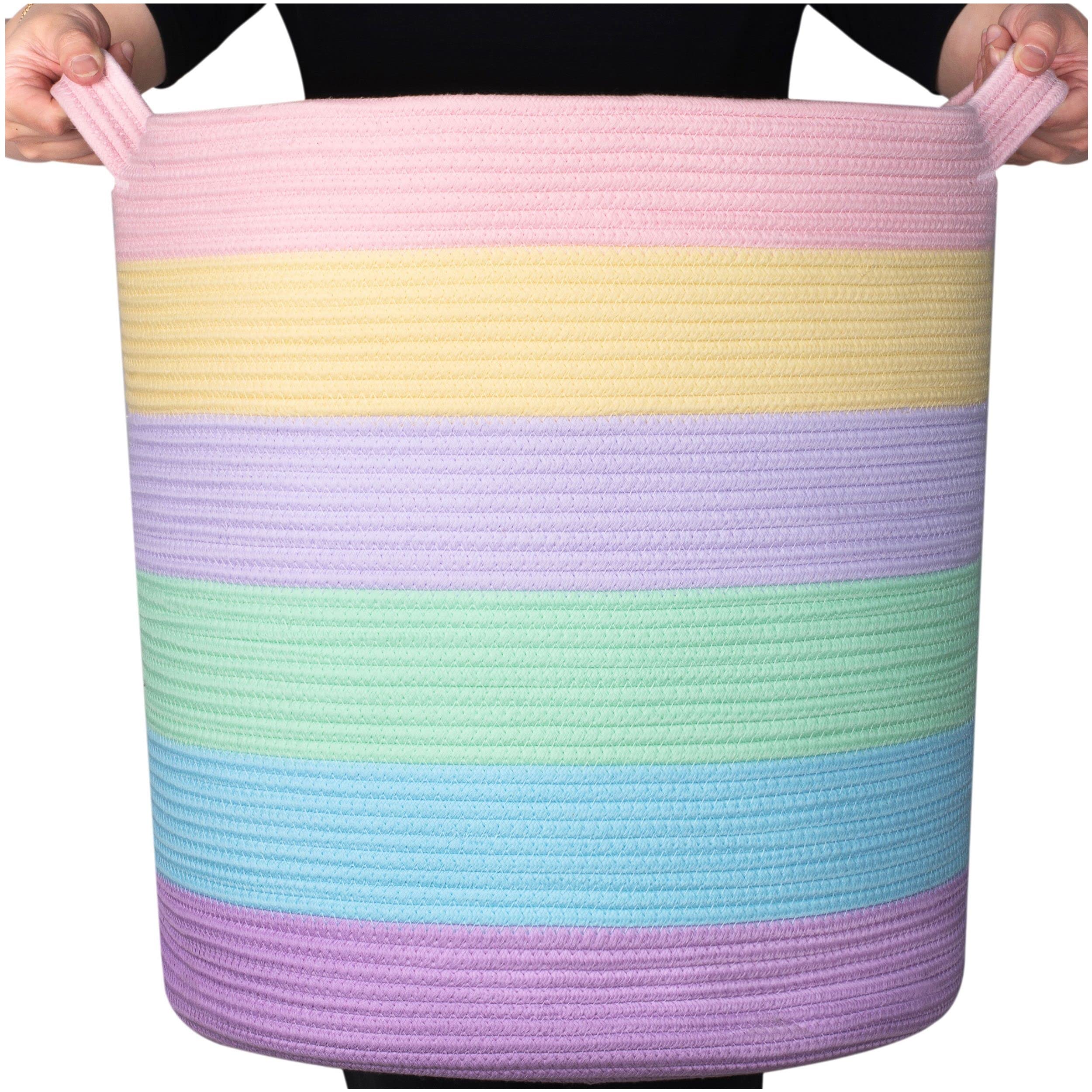 MINTWOOD Extra Large 20x18 Inch Woven Cotton Rope Storage Basket - Pastel Rainbow Laundry Hamper, Blanket Organizer for Bedroom, Living Room & Nursery - Perfect for Towels, Pillows, Toys & Home Decor