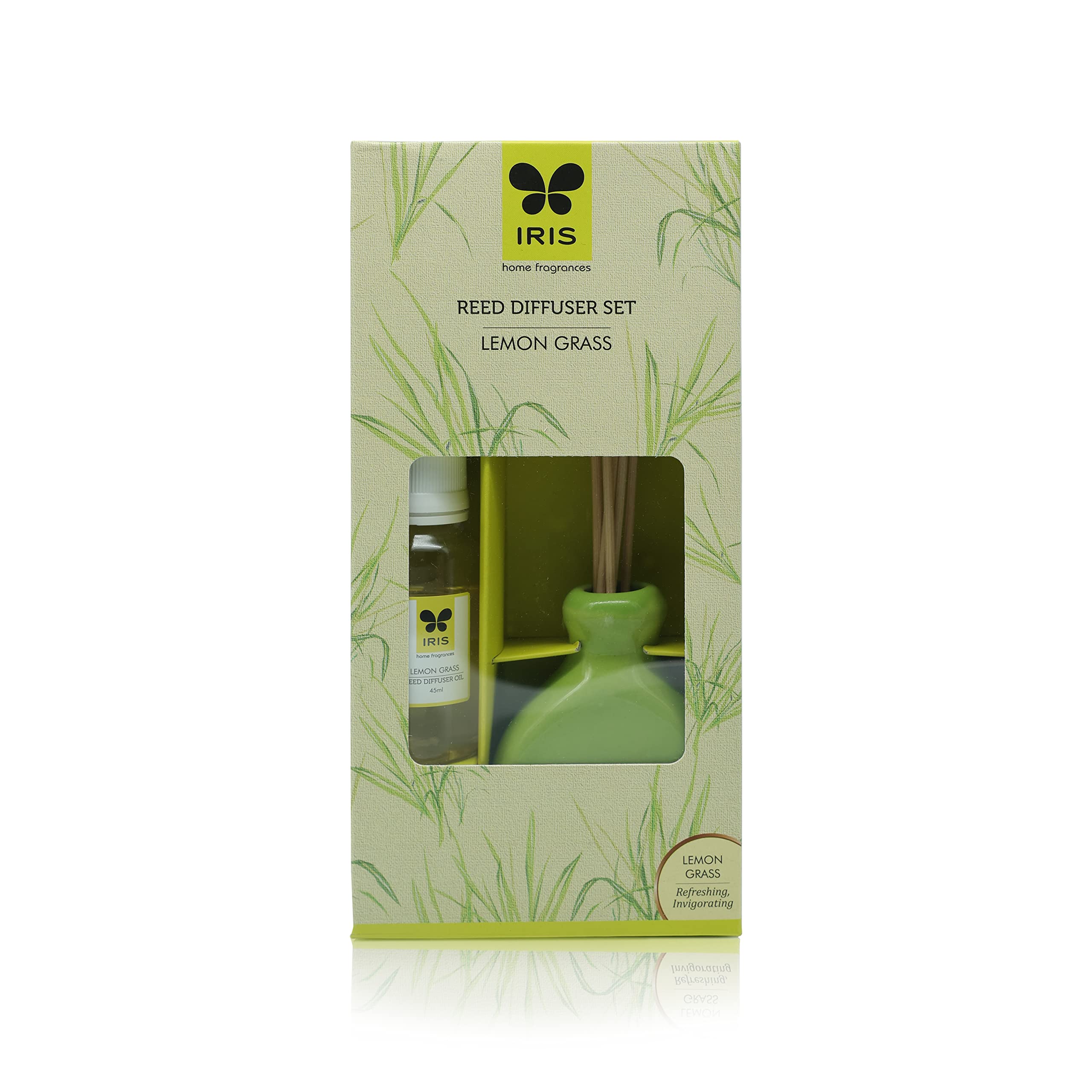 Premium IRIS Lemongrass Reed Diffuser - Natural Aromatherapy, Toxin-Free Home Fragrance for Relaxation & Mood Enhancement - Made in India (50 x 50 x 100mm) - Perfect for Living Rooms, Bedrooms & Office Spaces