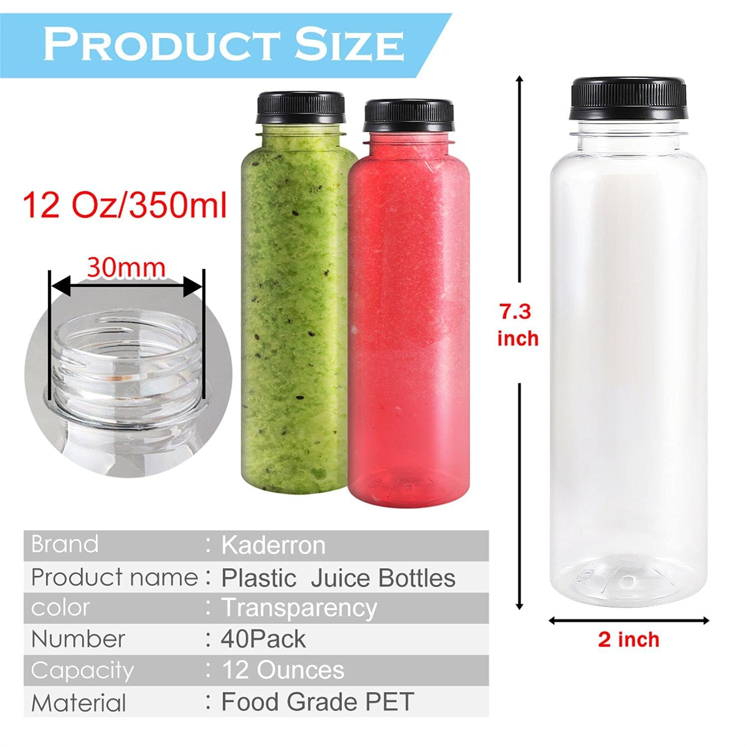 40pcs 12oz Clear PET Plastic Juice Bottles with Black Tamper Evident Lids - Empty Disposable Drink Containers for Juicing, Smoothies, Water & Beverages - Perfect for Home Brewing, Party Drinks & Commercial Use