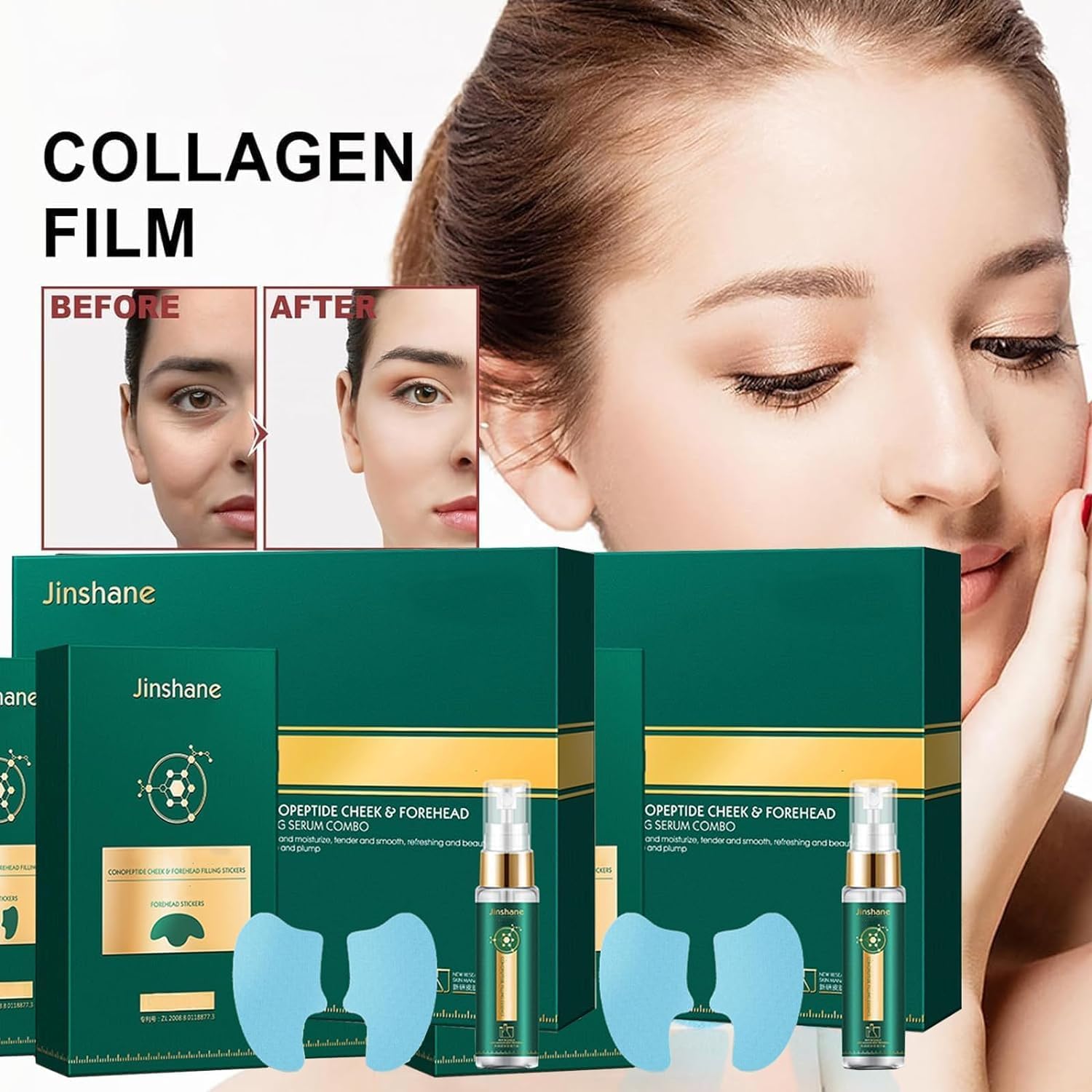 **Jinshane Korean Collagen Mask Set - Conopeptide Freeze-Dried Forehead Mask & Cheek Filling Serum, Soluble Hydrating Face Lifting Film (2-Pack) for Anti-Aging & Skin Rejuvenation – Perfect for Daily Skincare & Spa Treatments**