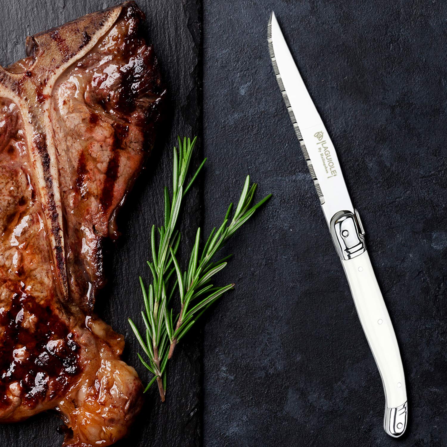 Premium 8-Piece Steak Knife Set - Hailingshan Serrated Stainless Steel Blades, Dishwasher Safe & Razor Sharp - Elegant Laguiole Design with White Plastic Handle - Perfect for Dinner Parties, BBQ, and Steakhouse-Style Dining at Home
