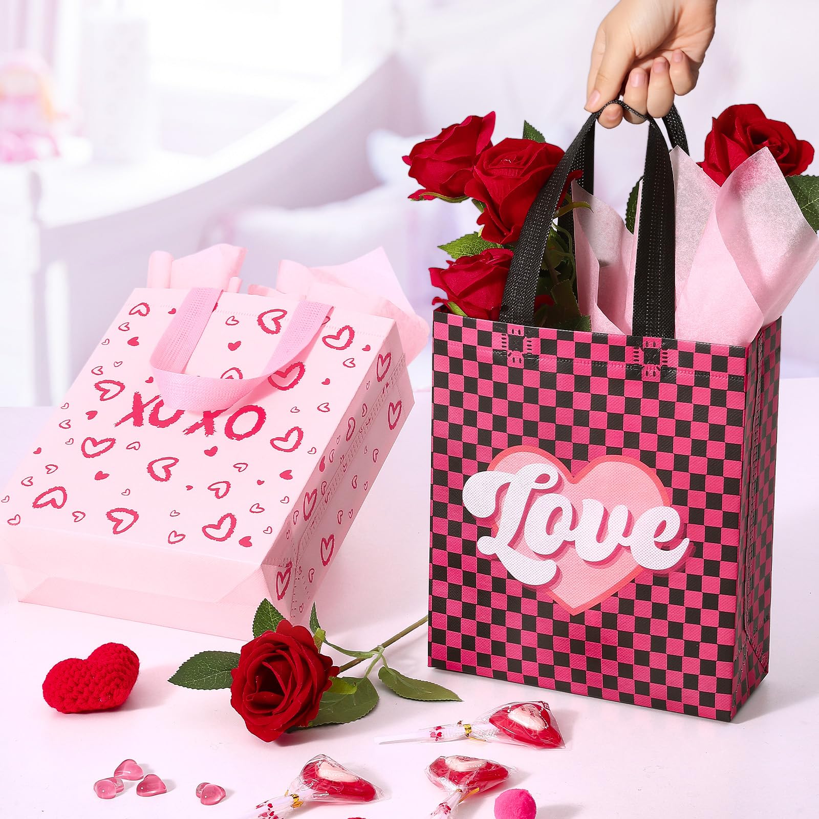 12 Pack Valentine's Day Gift Bags with Tissue Paper - Reusable Heart Print Party Favor Bags with Handles for Classroom Exchange, Kids Party Favors & Gift Wrapping - Perfect for Valentine's Parties, School Events & Romantic Gift Giving