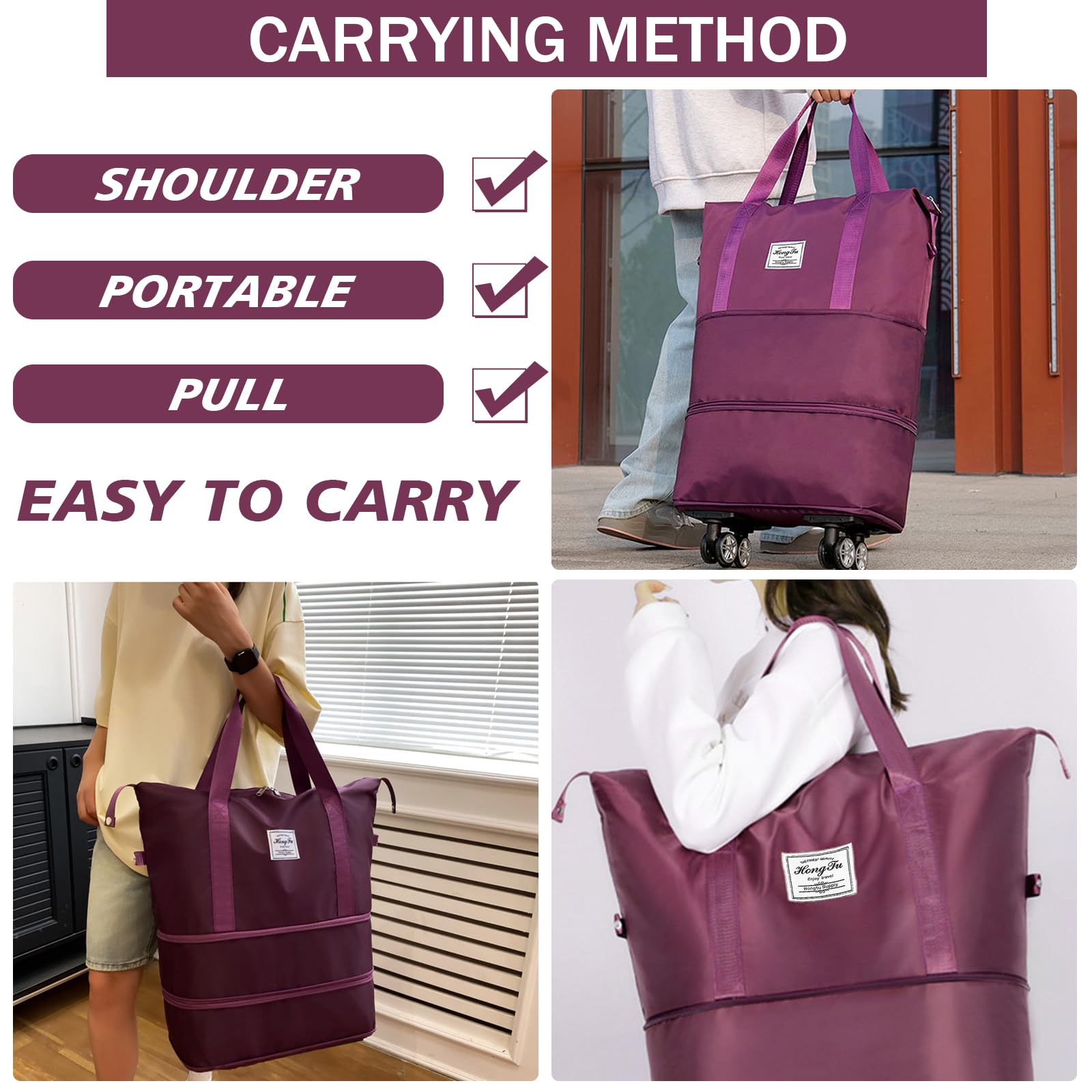 Expandable Rolling Duffle Bag with Detachable Wheels - Foldable Travel Luggage Carry-On for Weekend Trips & Gym (Fuchsia) - Perfect for Air Travel, Business Trips & Sports Equipment Storage