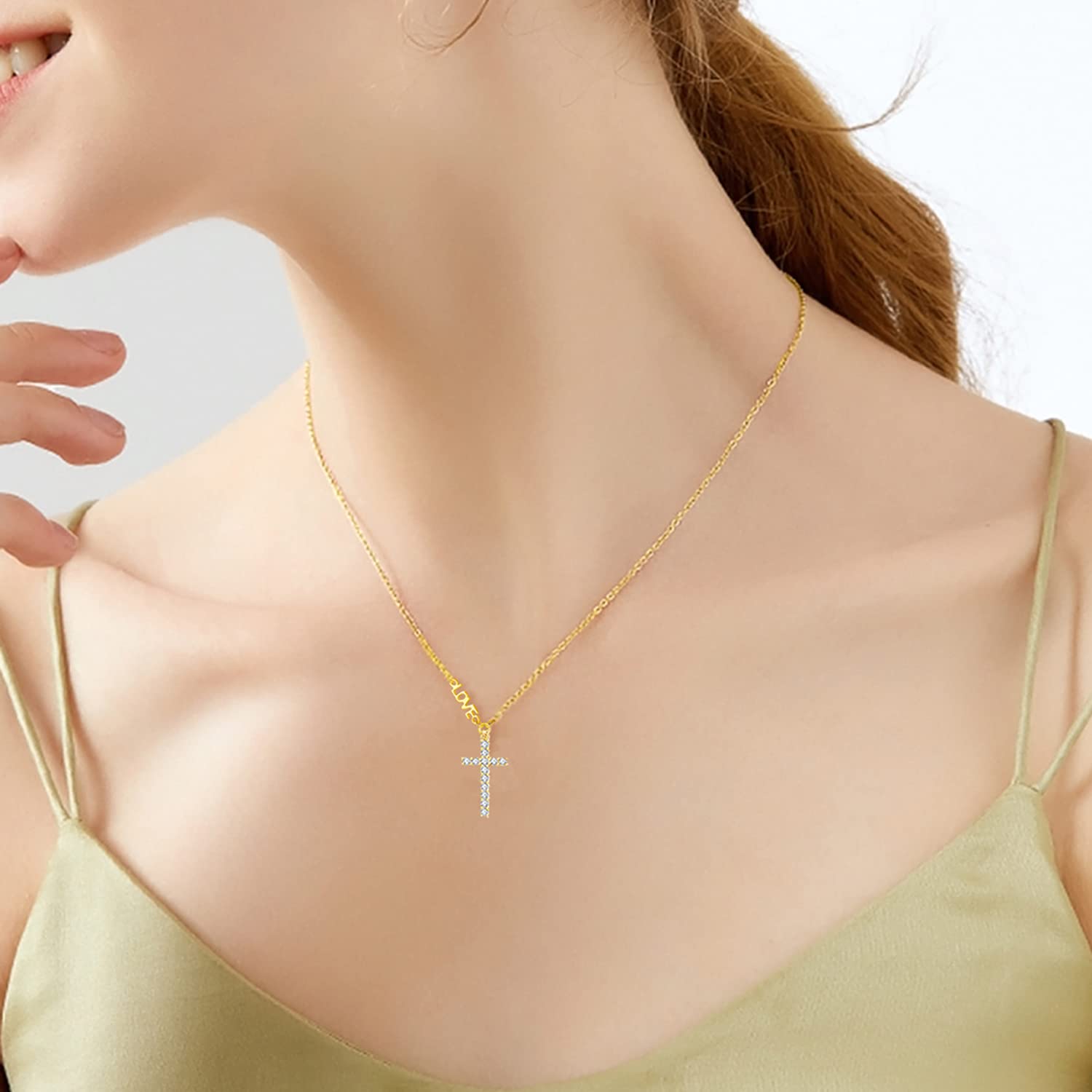 14K Gold Moissanite Cross Necklace for Women - 16