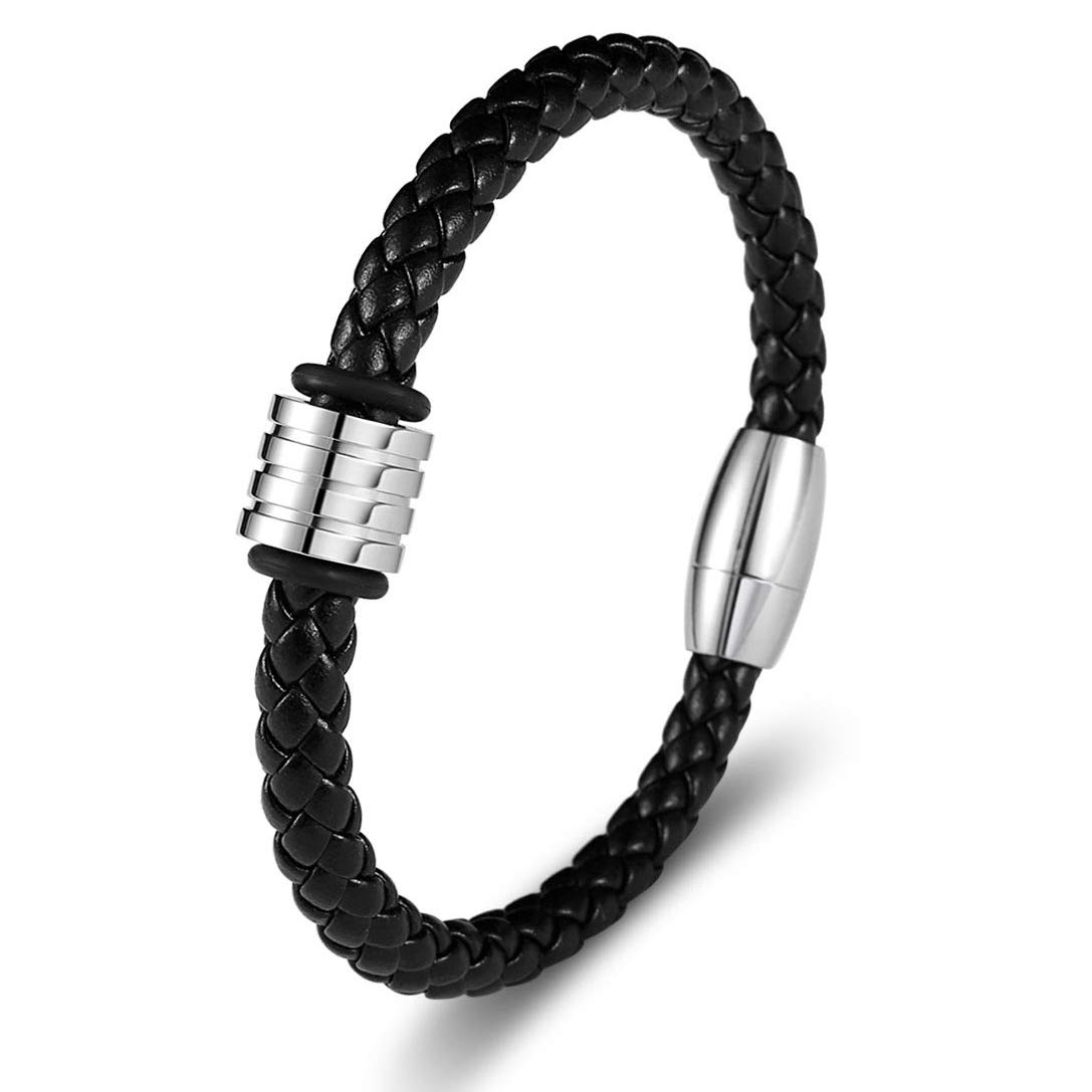 Genuine Braided Leather Bracelet for Men & Boys - Stainless Steel Bangle with Magnetic Clasp (8 Inches) - Perfect for Casual Wear, Gifts & Everyday Fashion Accessories