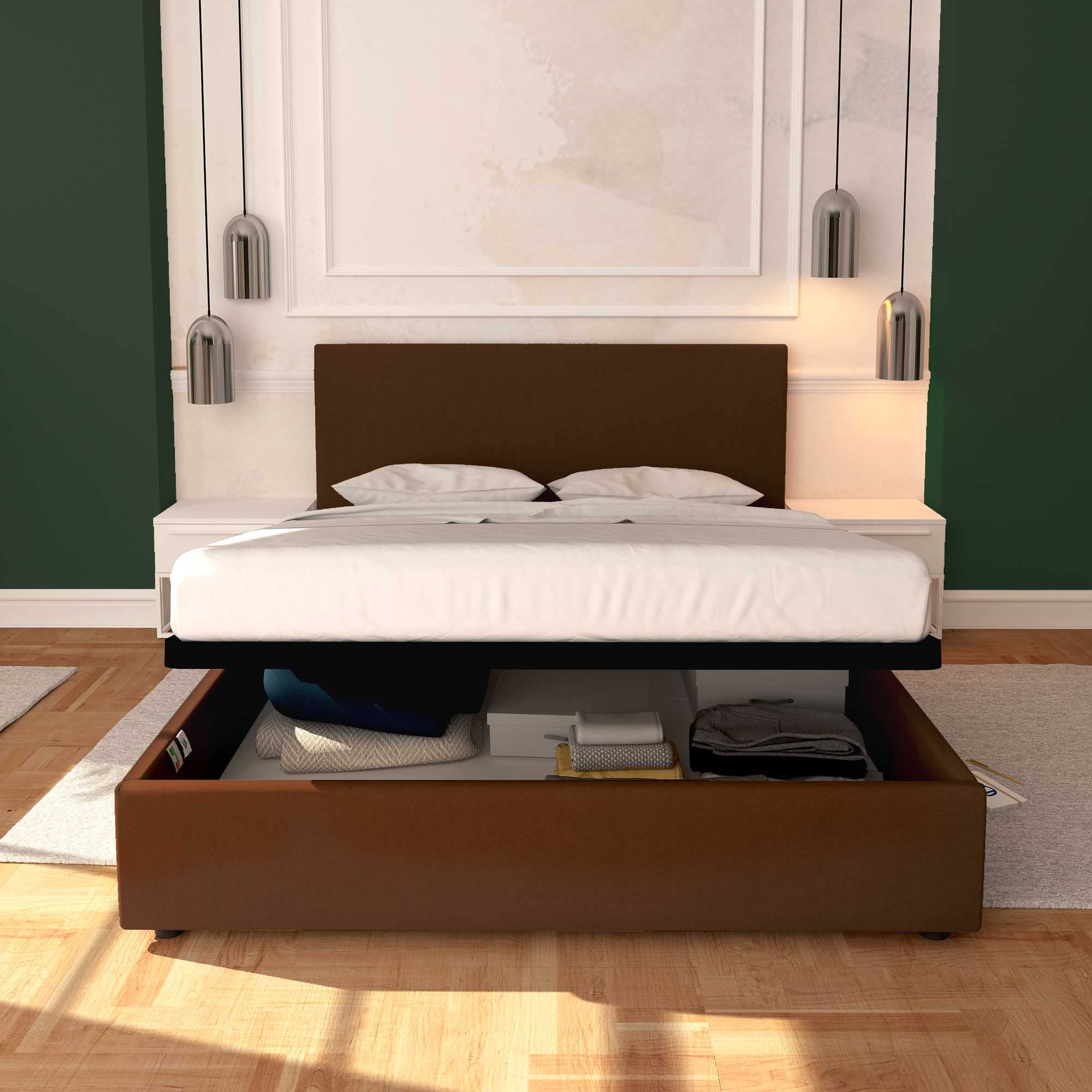 Baldiflex Rossano Fabric King Size Bed Frame with Slatted Base and Storage, 180x190cm, Elegant Brown Headboard – Perfect for Master Bedrooms and Guest Rooms