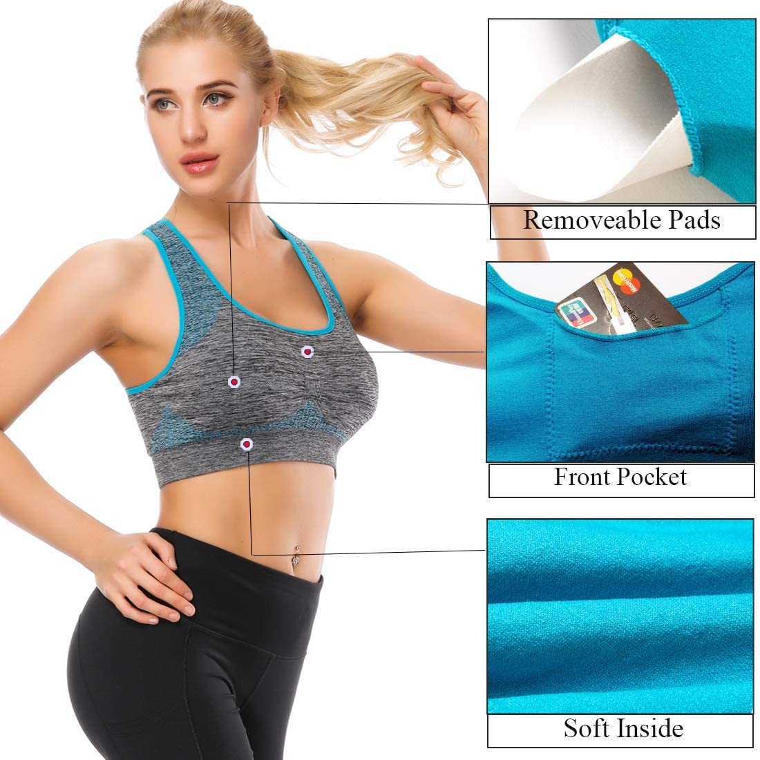TOBWIZU Women's Medium Support Sports Bras with Pocket - Yoga, Gym & Activewear for Running, Workout & Fitness Training