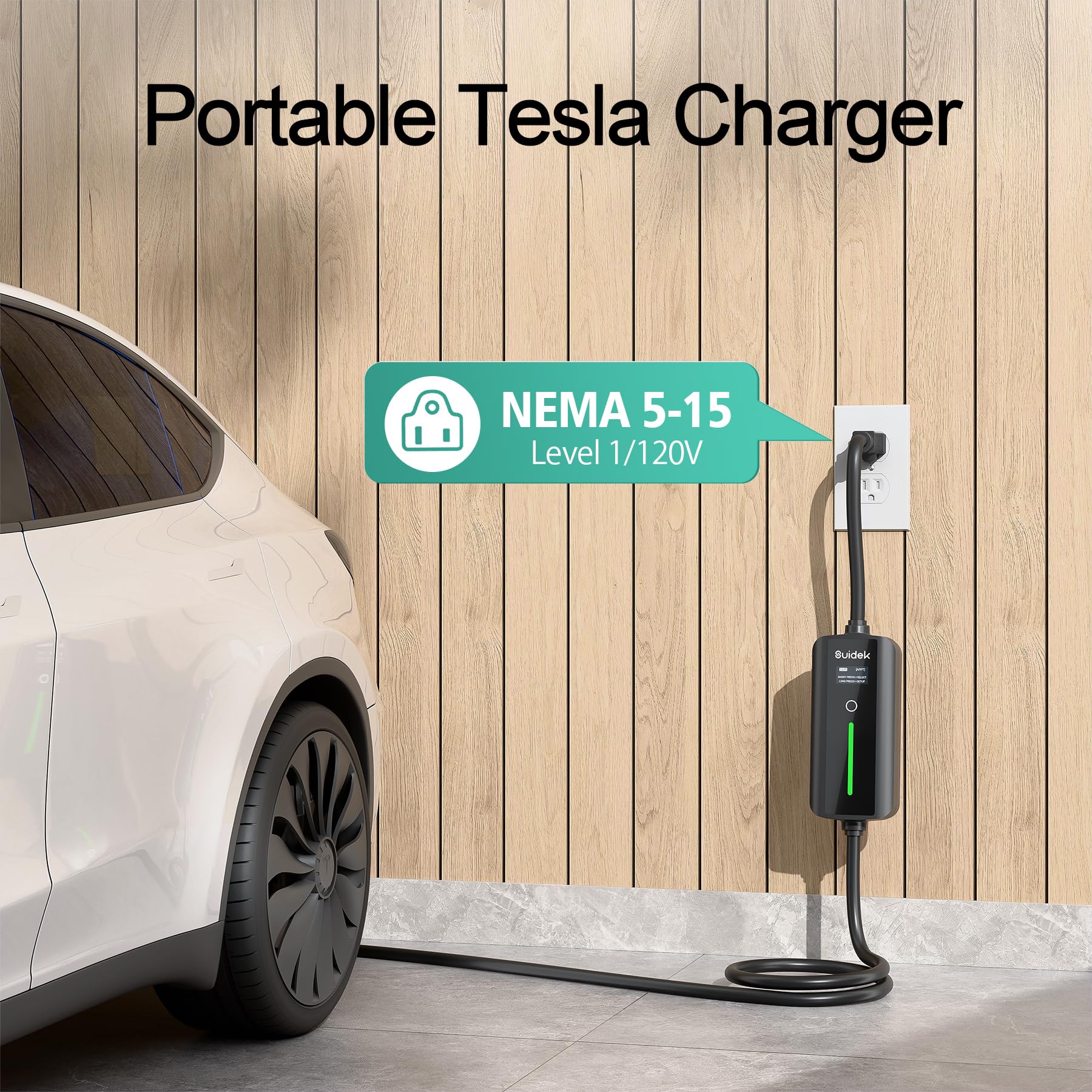 Portable Tesla Charger Level 1 - 16A Adjustable EV Charger with NACS Connector & NEMA 5-15 Plug (16.4FT Cable) for Tesla Model 3/S/X/Y - Home, Office & Travel Charging Solution