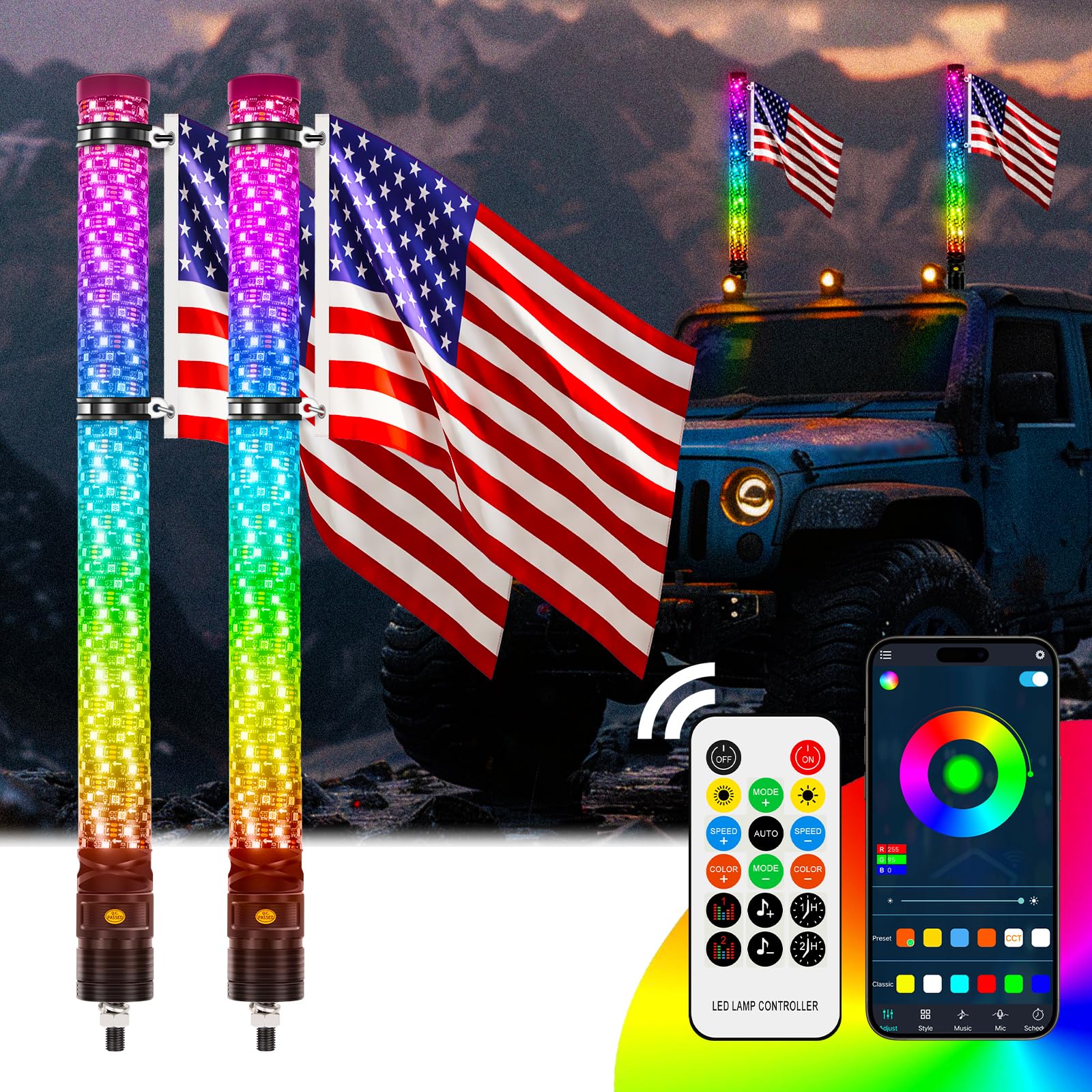 DREAMIZER 2PCS 2FT Fat Whip LED Lights - 360° Spiral Chase Offroad Warning Lighted Antenna with Turn Signal & Brake Reserving Lights for UTV ATV RZR Can-Am SXS Polaris Offroad Trucks - Perfect for Night Offroading, Trail Riding & Emergency Signaling