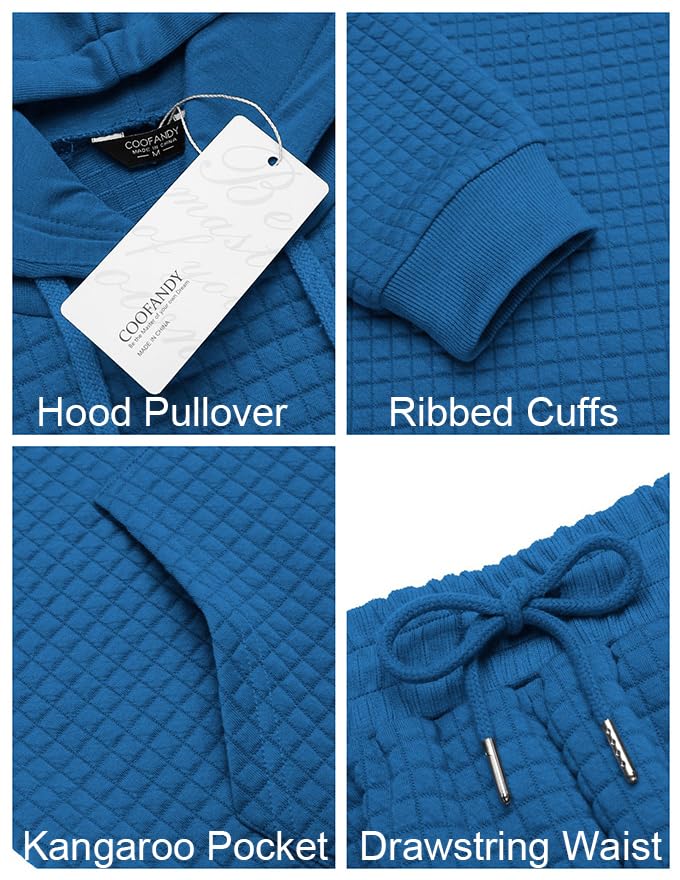 COOFANDY Men's 2 Piece Tracksuit Set - Hoodie & Joggers, Casual Athletic Waffle Plaid Jacquard Sweatsuit for Gym, Running & Streetwear Fashion