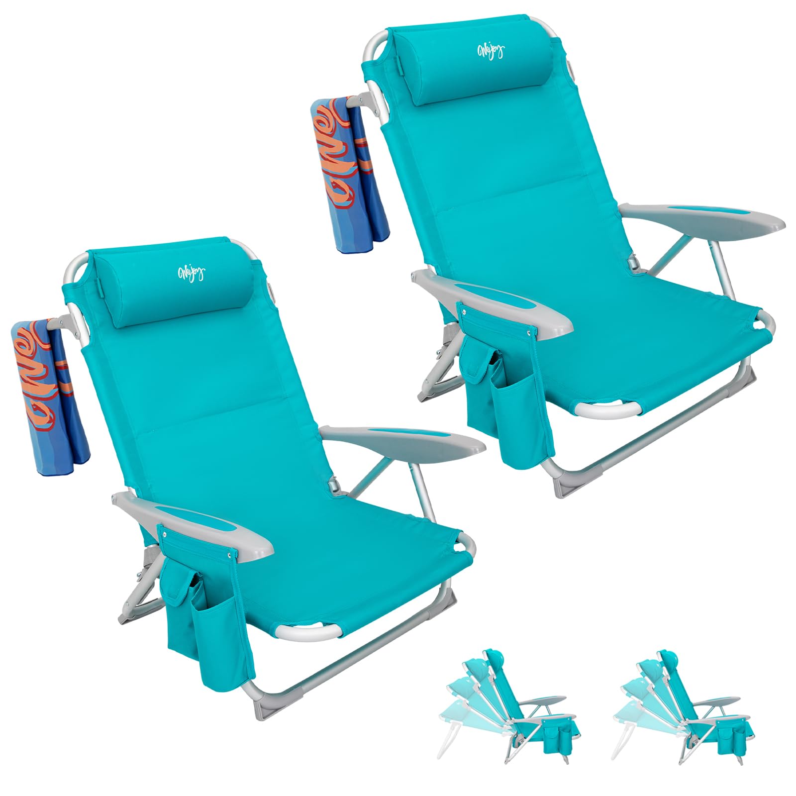 WEJOY Folding Beach Chair for Adults - 4 Position Adjustable Lightweight Aluminum Sand Chair with Shoulder Strap, Cup Holder & Padded Headrest - Supports 265lbs - Perfect for Beach, Camping, Backyard & Outdoor Relaxation