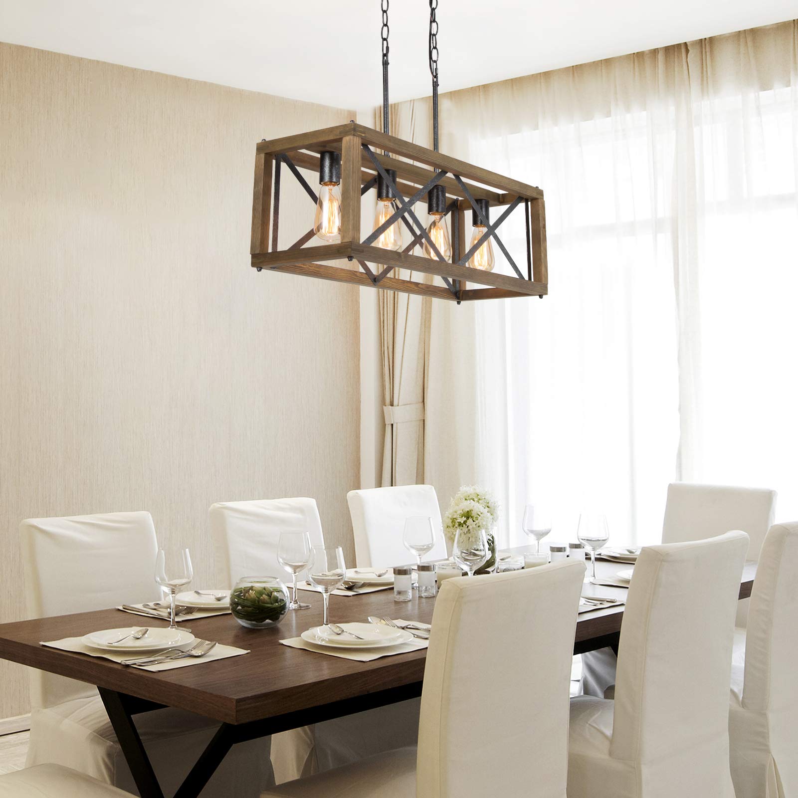Rustic Farmhouse Chandelier - 4-Light Rectangular Dining Room Lighting Fixture (27.5 Inch) - Perfect for Kitchen Island, Breakfast Nook & Country Style Home Decor
