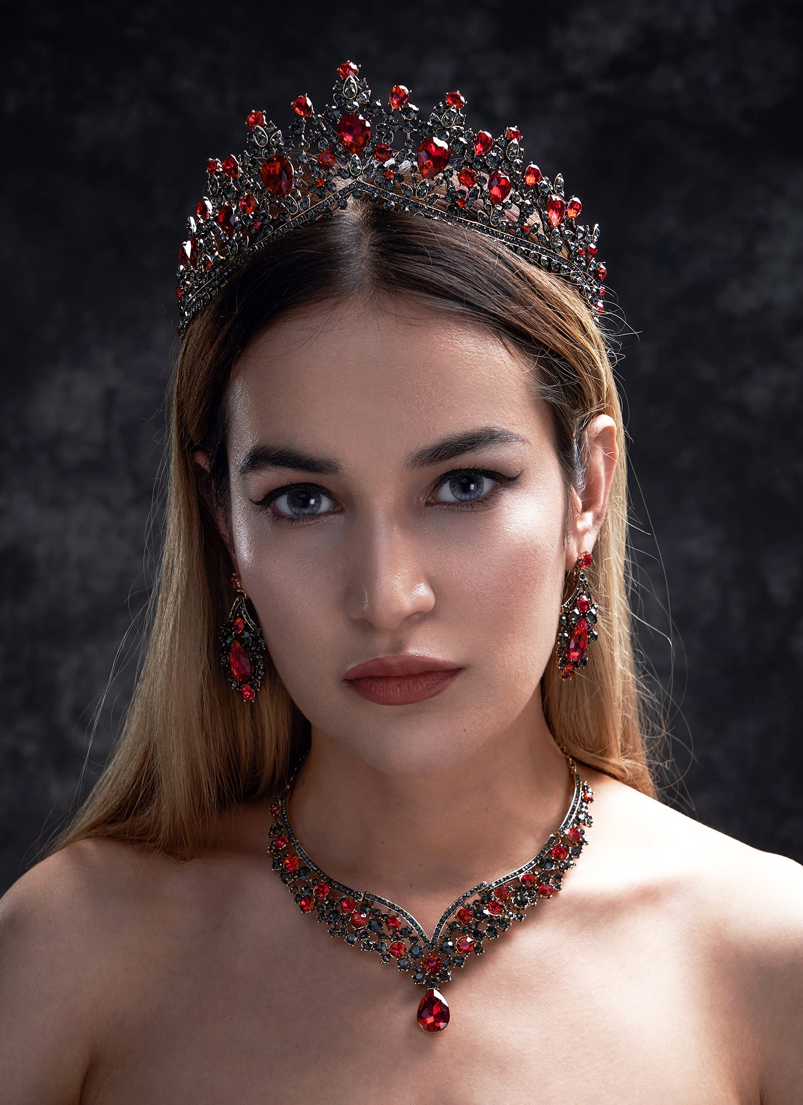 SWEETV Baroque Wedding Crown for Bride - 3-Piece Tiara, Earrings & Necklace Set | Red & Black Crystal Bridal Jewelry | Perfect for Weddings, Costume Parties, Prom & Pageants | Genesis Collection