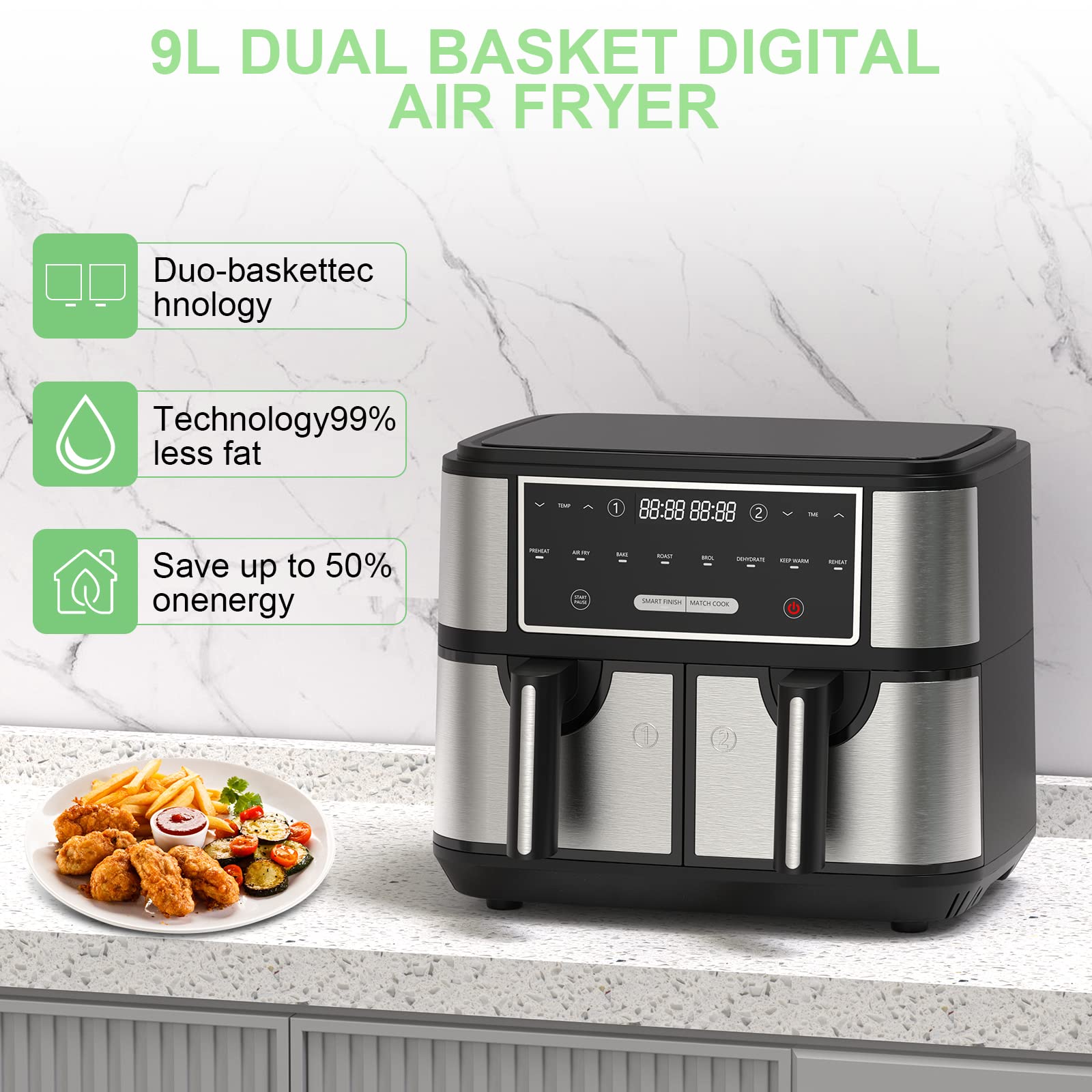 EUARY 9L Large Dual Basket Air Fryer for Family - 8-in-1 Compact Oven with Smart Finish, Oil-Free Cooking, Digital Timer & Temperature Control, Nonstick 2600W - Perfect for Healthy Meals, Snacks & Family Gatherings