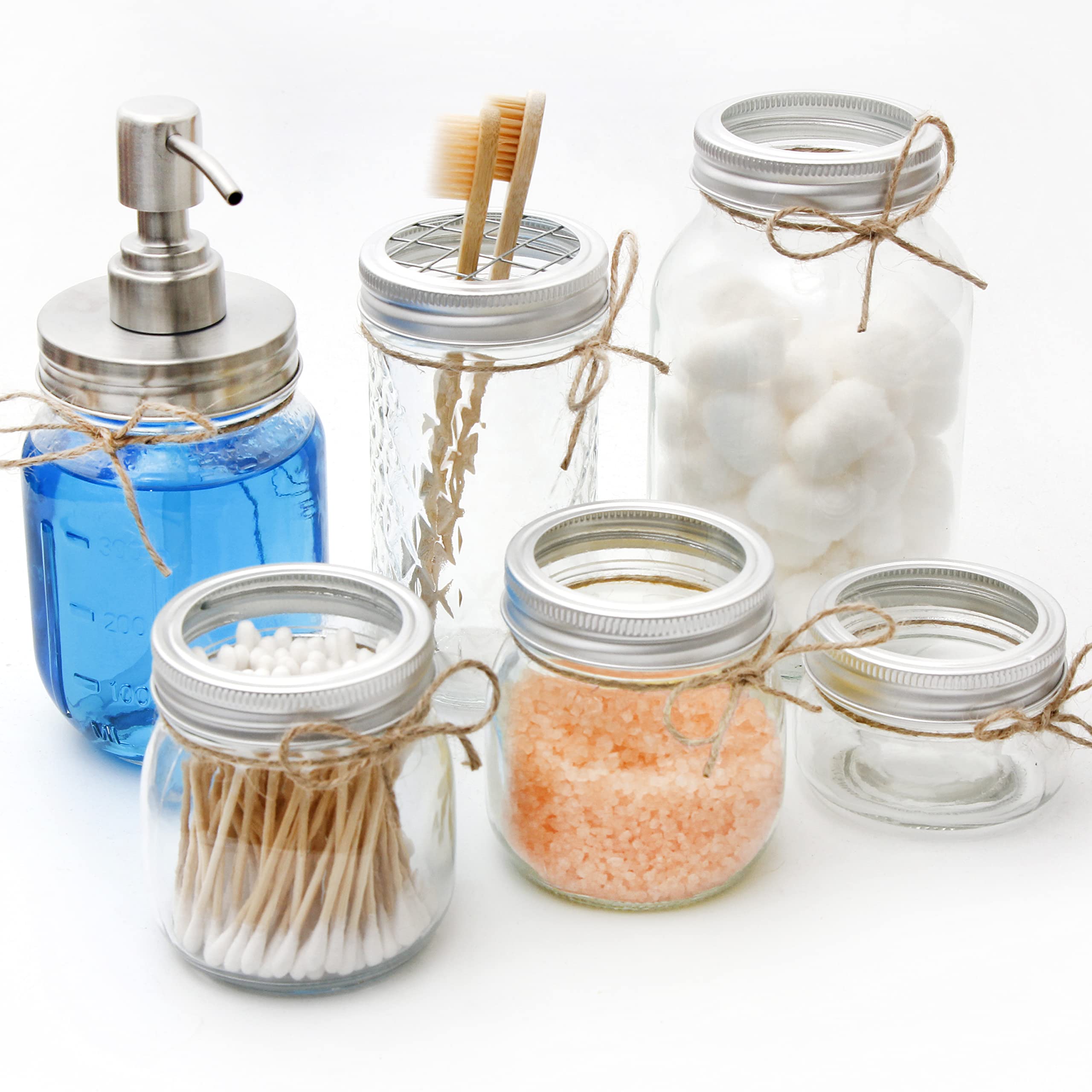 Youngever 6-Piece Clear Glass Bathroom Accessories Set - Mason Jar Toothbrush Holder, Soap Dispenser & Apothecary Jars for Modern Bathroom Decor | Perfect for Home, Hotel & Spa Organization