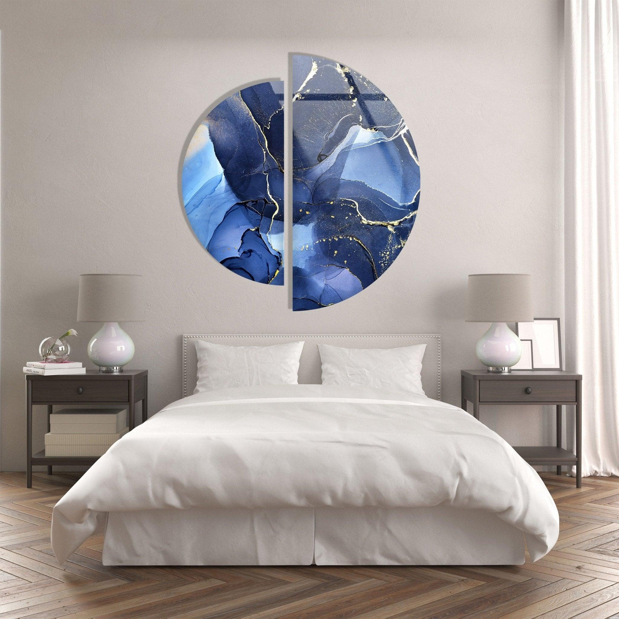 2 Piece Circular Dark Blue Marble Glass Wall Art Set - Modern Home Decor for Living Room, Bedroom, Office - Elegant Handmade Glass Mosaic Wall Hangings for Interior Design