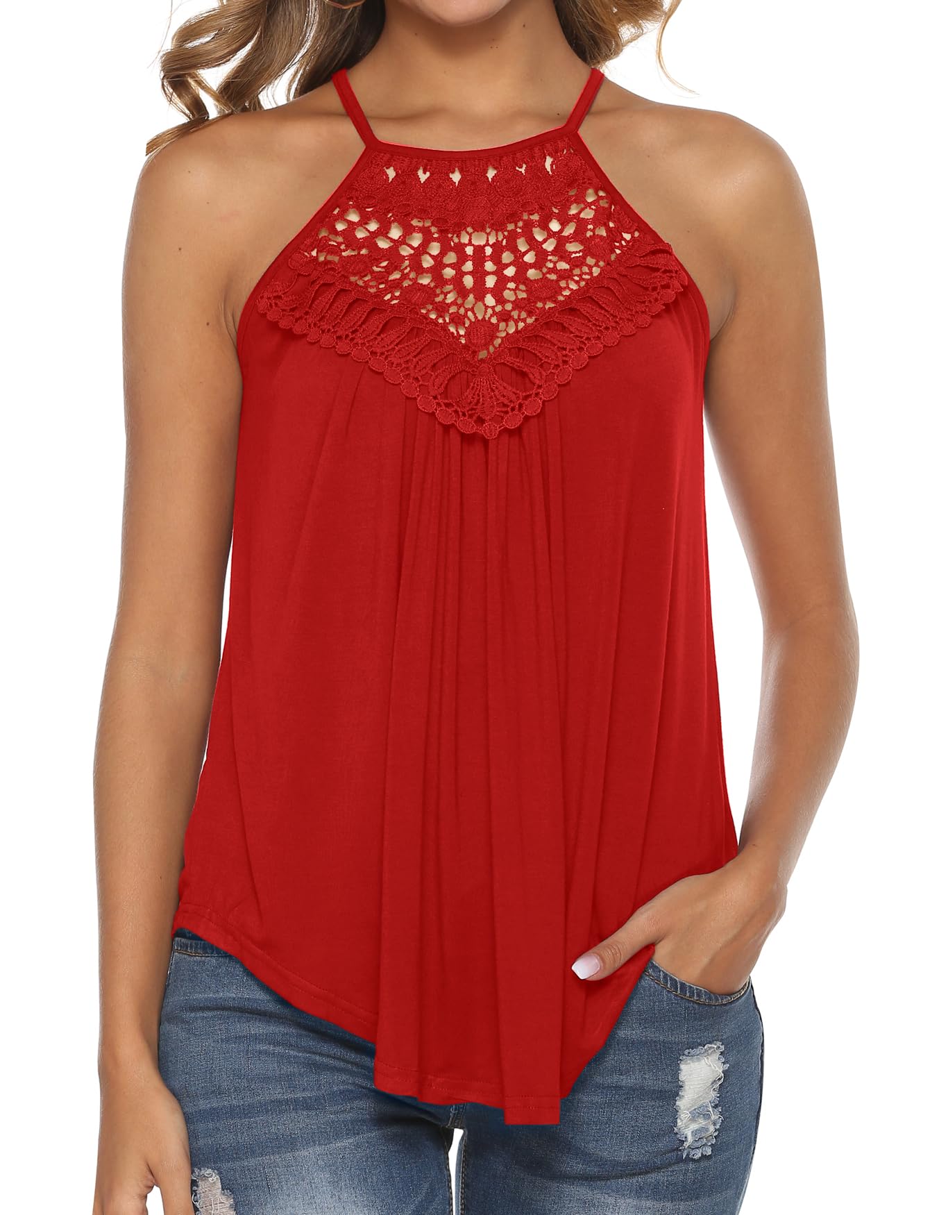 Bluetime Women's Summer Halter Spaghetti Strap Flowy Tank Top - Sleeveless Lace Cami Blouse for Casual Wear, Beach & Vacation Outfits