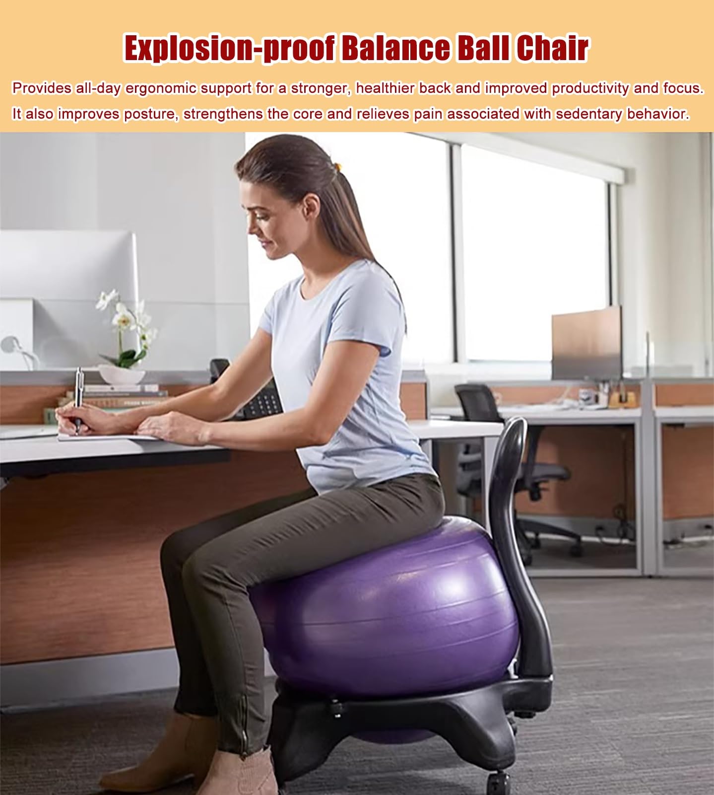 Ergonomic Yoga Ball Chair for Office & Home - Purple Exercise Ball Seat with Wheels, Stability Base & Foot Pump - Perfect for Desk Work, Posture Correction & Active Sitting