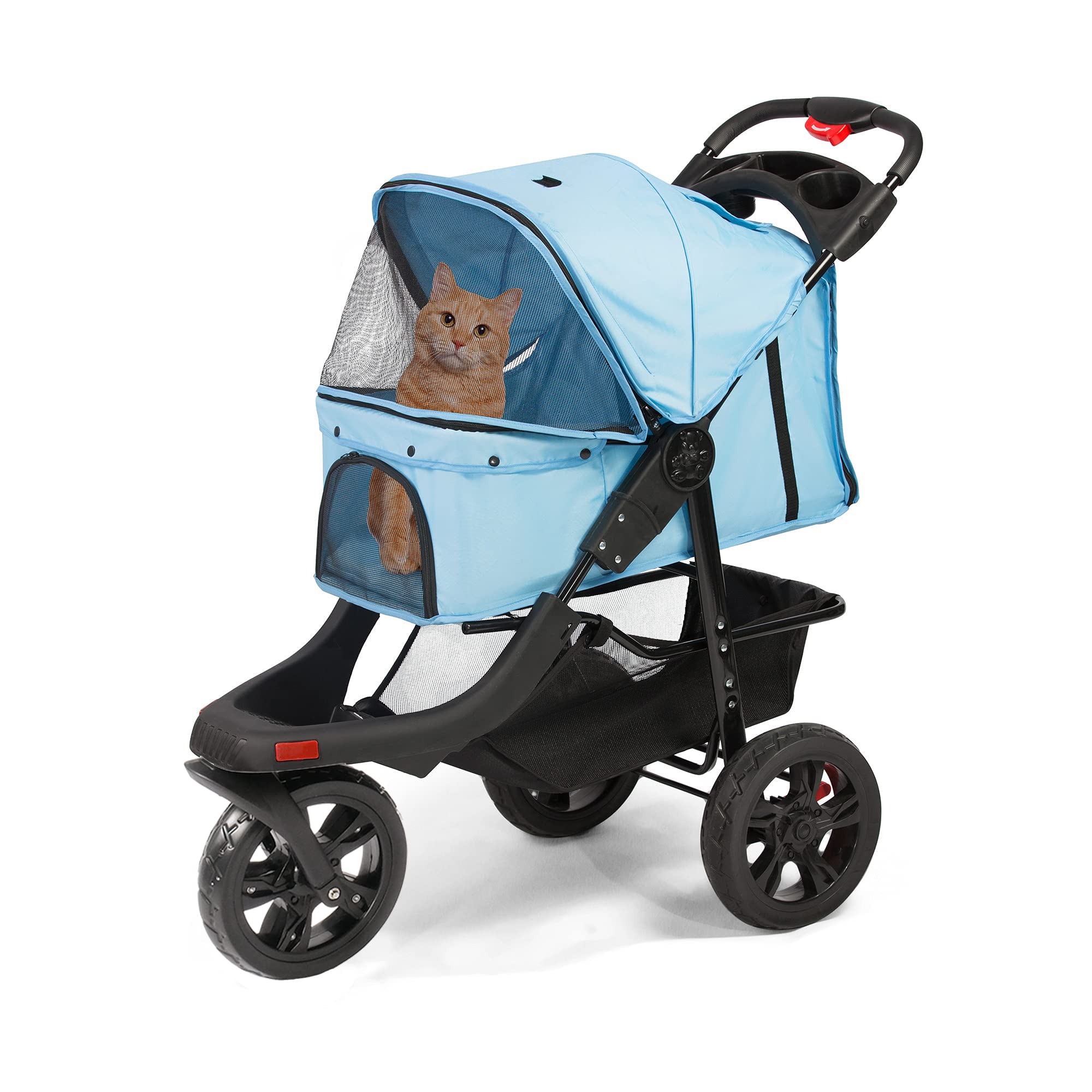 LUCKYERMORE Large Wheel Pet Stroller with Storage Basket - Foldable, Breathable Mesh Design for Dogs & Cats - Perfect for Jogging, Shopping & Outdoor Adventures (Blue)
