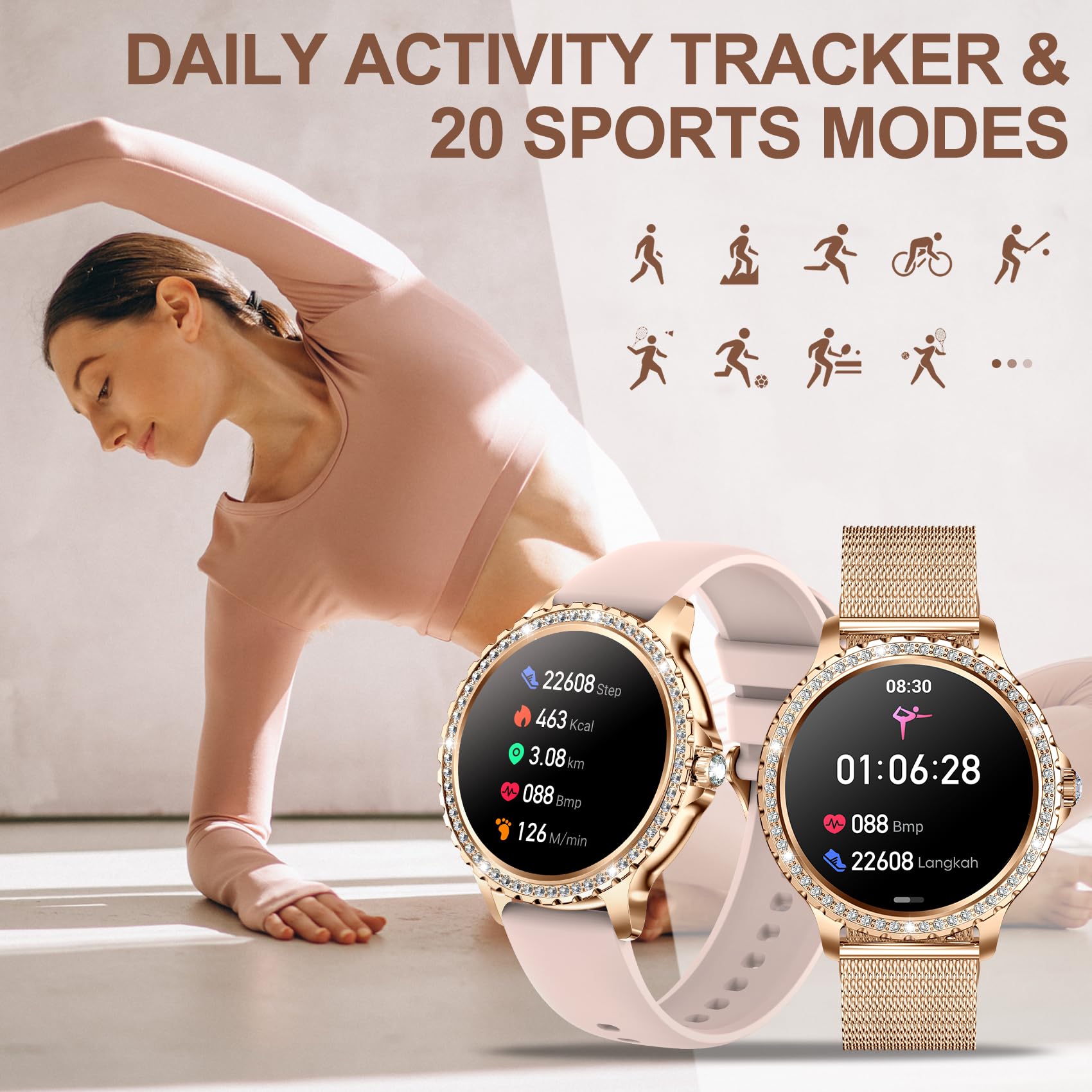 Smart Watch for Women - Fitness Tracker with Heart Rate, Blood Oxygen & Sleep Monitor, Step & Calorie Counter, Waterproof, Call Function, Compatible with iOS/Android - Perfect for Workouts, Running & Daily Activity Tracking